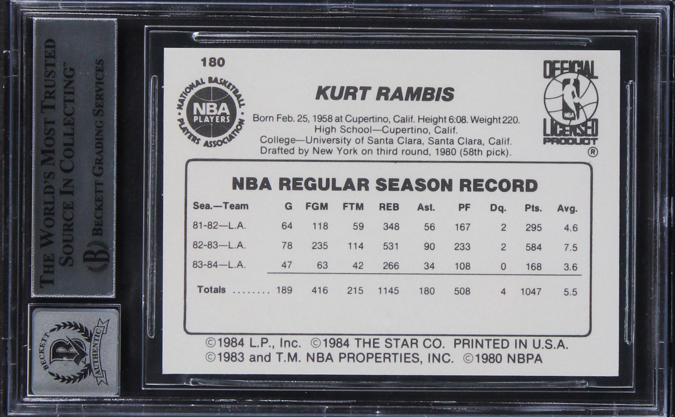 Lakers Kurt Rambis Authentic Signed 1984 Star #180 Card Auto 10! BAS Slabbed