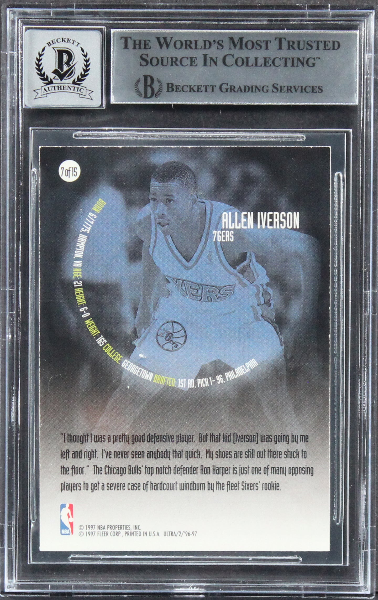 Allen Iverson Signed 1996 Ultra All Rookies #7 Rookie Card Auto 10! BAS Slabbed
