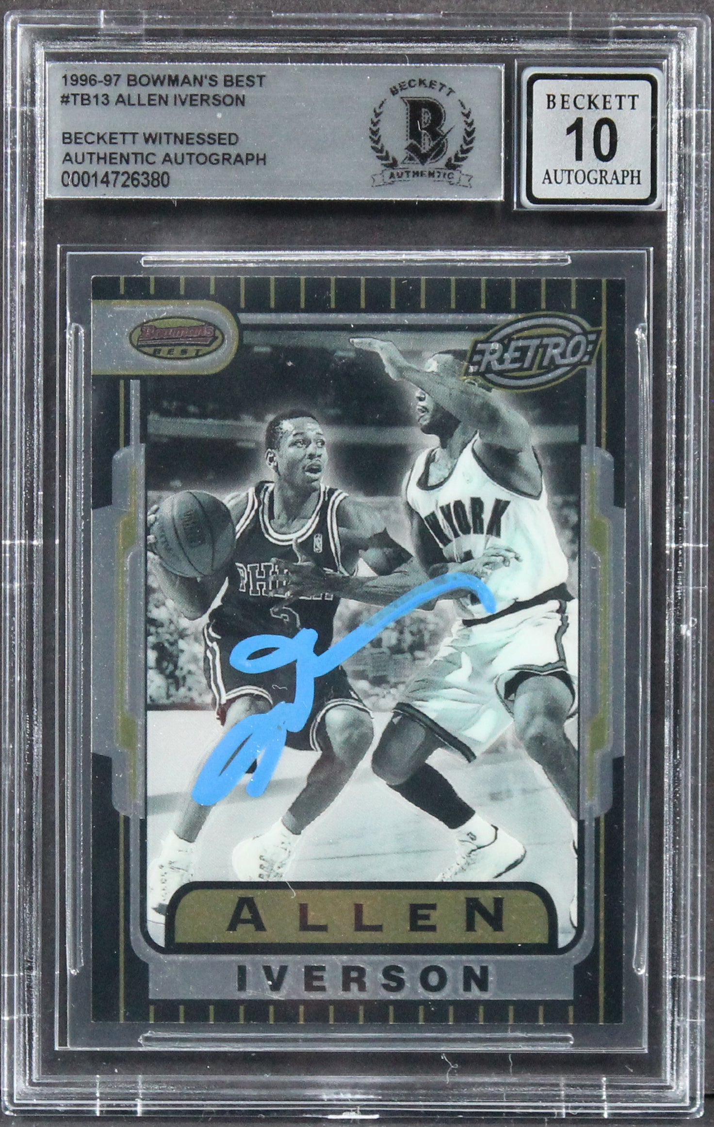 76ers Allen Iverson Signed 1996 Bowman's Best #TB13 Rookie Card Auto 10 BAS Slab