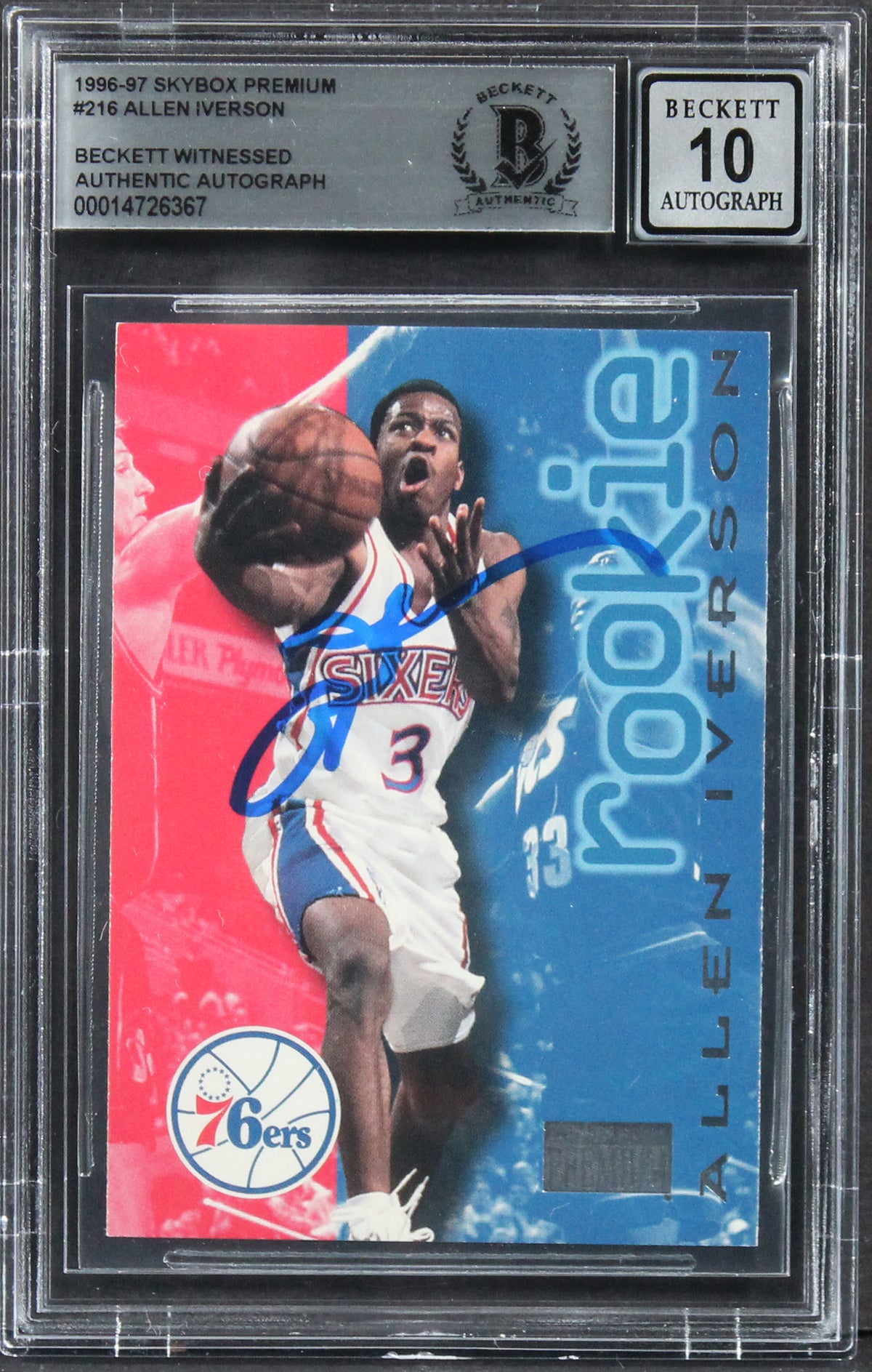 Allen Iverson Signed 1996 Skybox Premium #216 Rookie Card Auto 10! BAS Slabbed