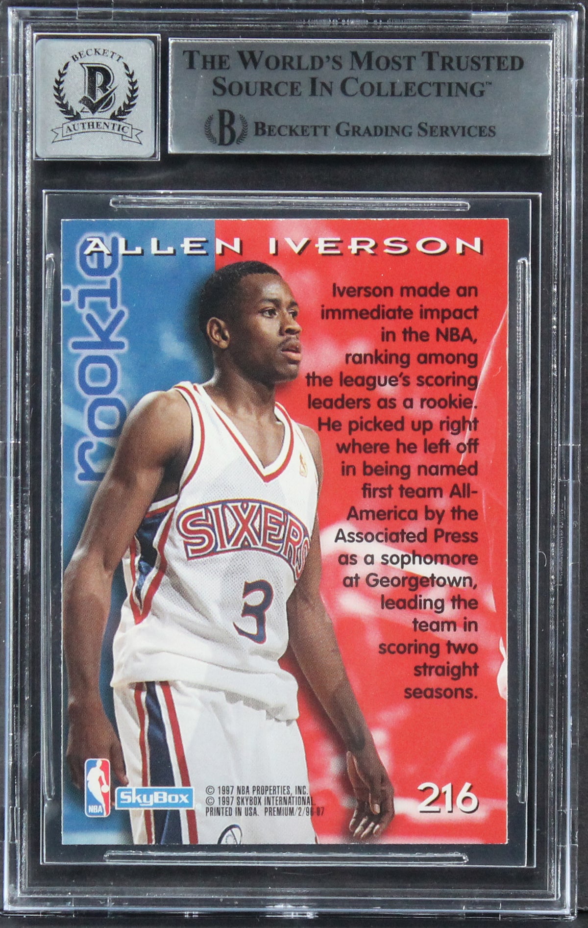 Allen Iverson Signed 1996 Skybox Premium #216 Rookie Card Auto 10! BAS Slabbed
