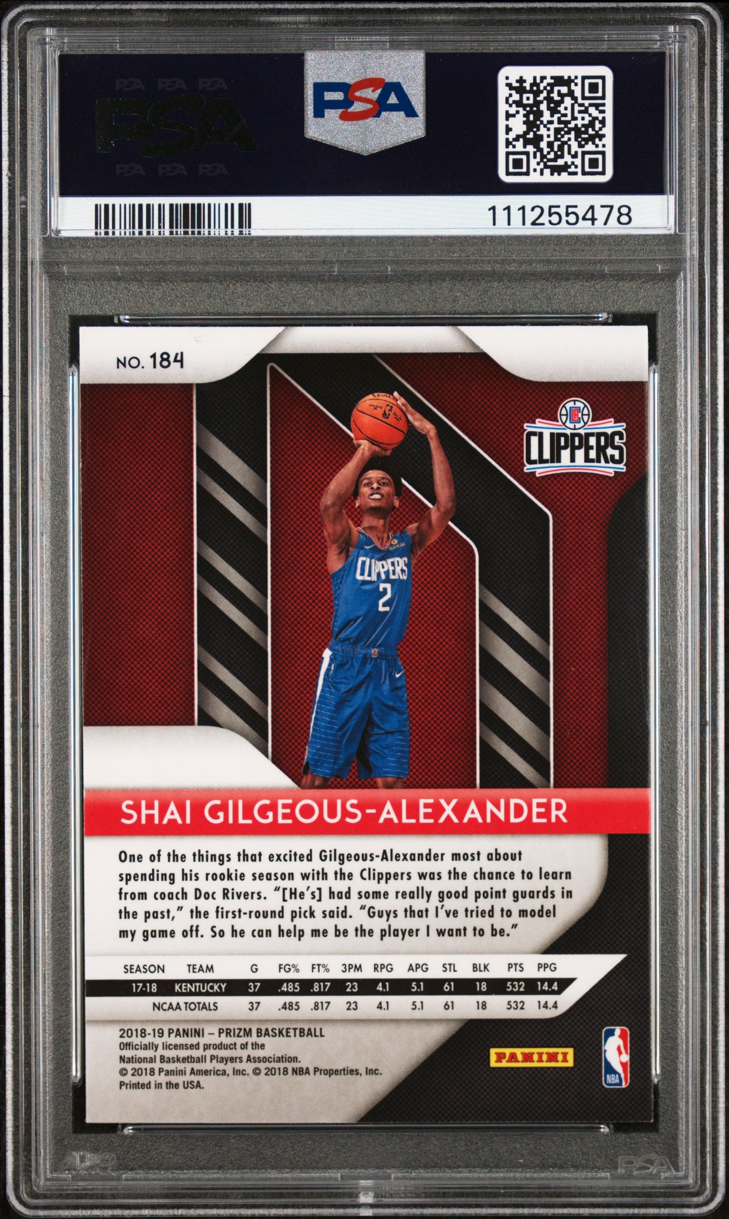 Thunder Shai Gilgeous-Alexander Signed 2018 Panini Prizm #184 RC Card PSA Slab