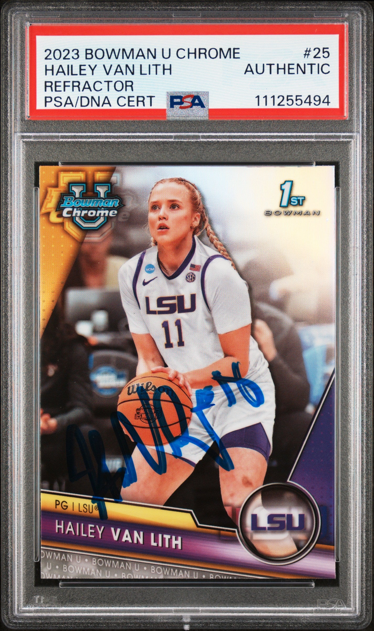 LSU Hailey Van Lith Signed 2023 Bowman U Chrome Refractor #25 RC Card PSA Slab