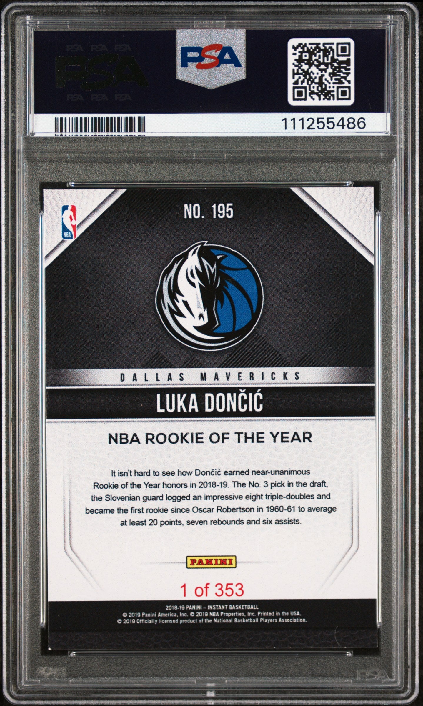 Mavericks Luka Doncic Signed 2018 Panini Instant #195 Rookie Card PSA Slabbed 3