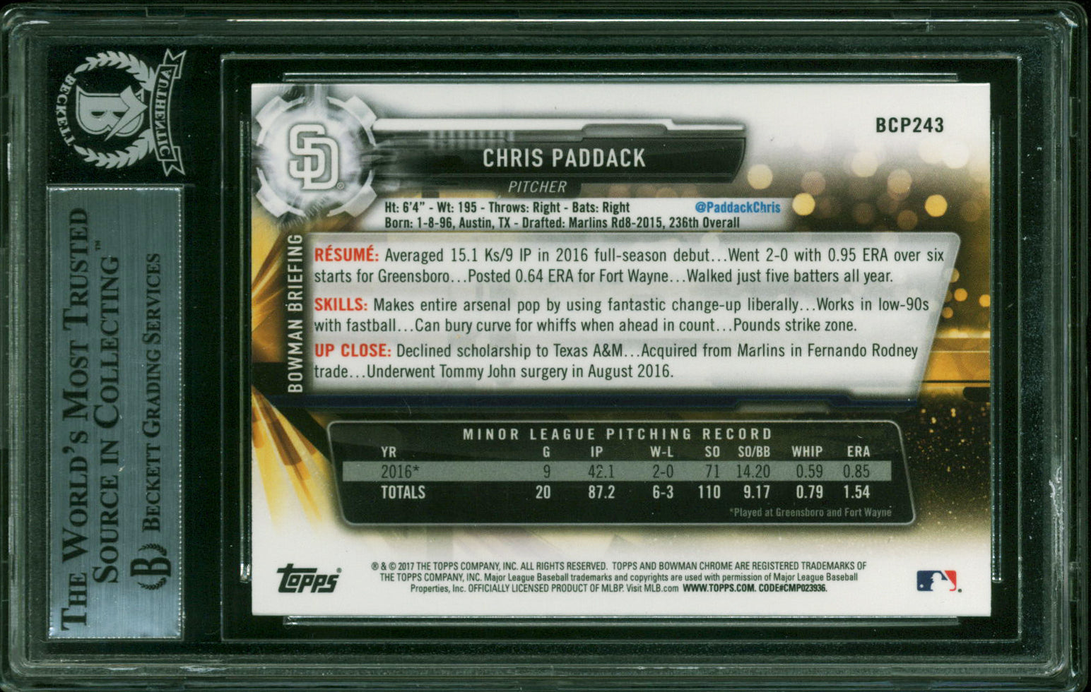 Padres Chris Paddack Signed 2017 Bowman Chrome Prospects #BCP243 Card BAS Slab