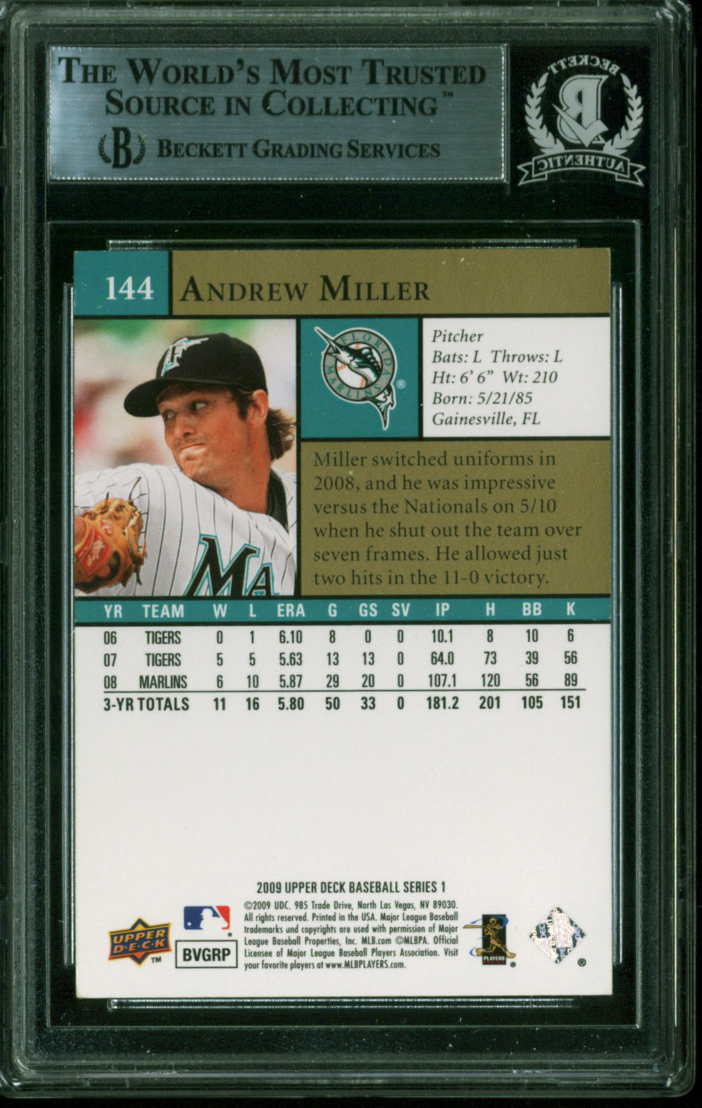 Marlins Andrew Miller Authentic Signed 2009 Upper Deck #144 Card BAS Slabbed
