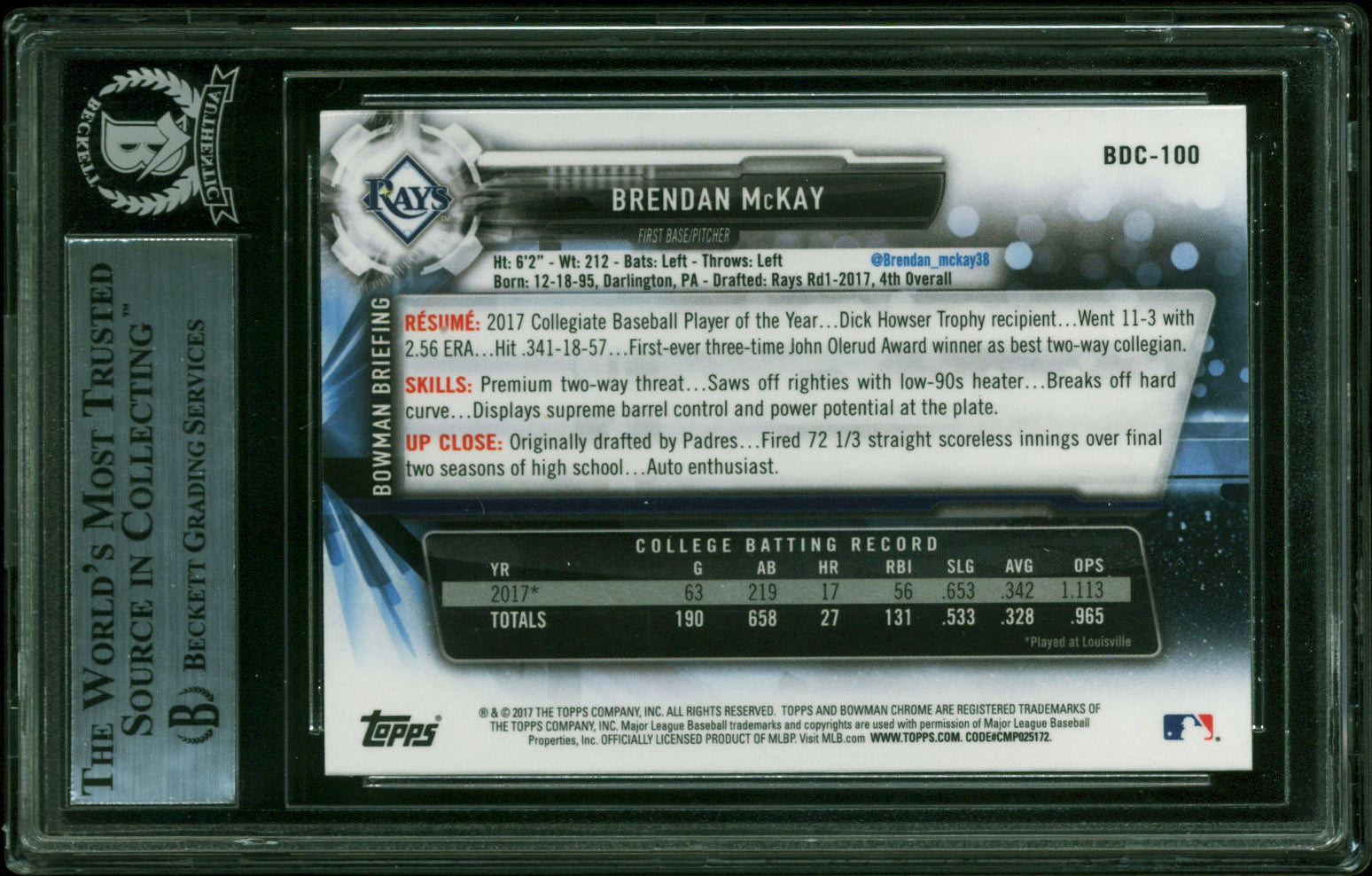 Rays Brendan McKay Signed 2017 Bowman Chrome Draft #BDC100 Card BAS Slabbed