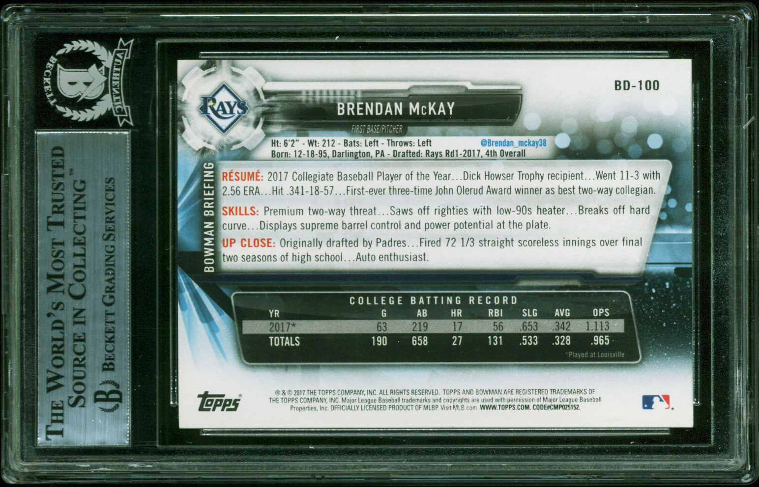 Rays Brendan McKay Authentic Signed 2017 Bowman Draft #BDC100 Card BAS Slabbed