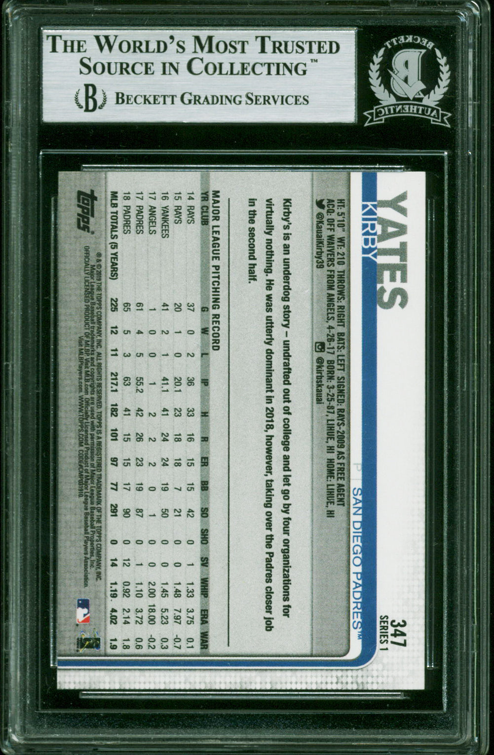 Padres Kirby Yates Authentic Signed 2019 Topps #347 Card BAS Slabbed