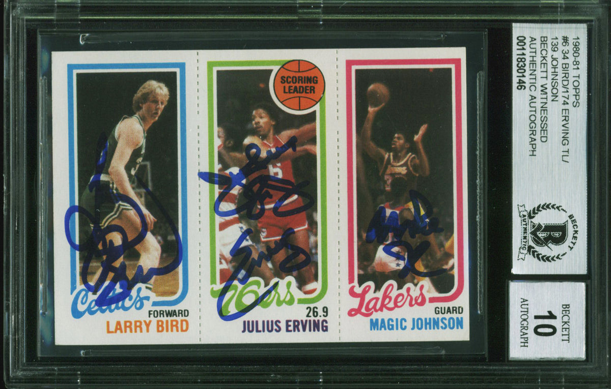 Bird, Erving & Magic Signed 1980 Topps Rookie Card Autos Graded 10! BAS Slab 1