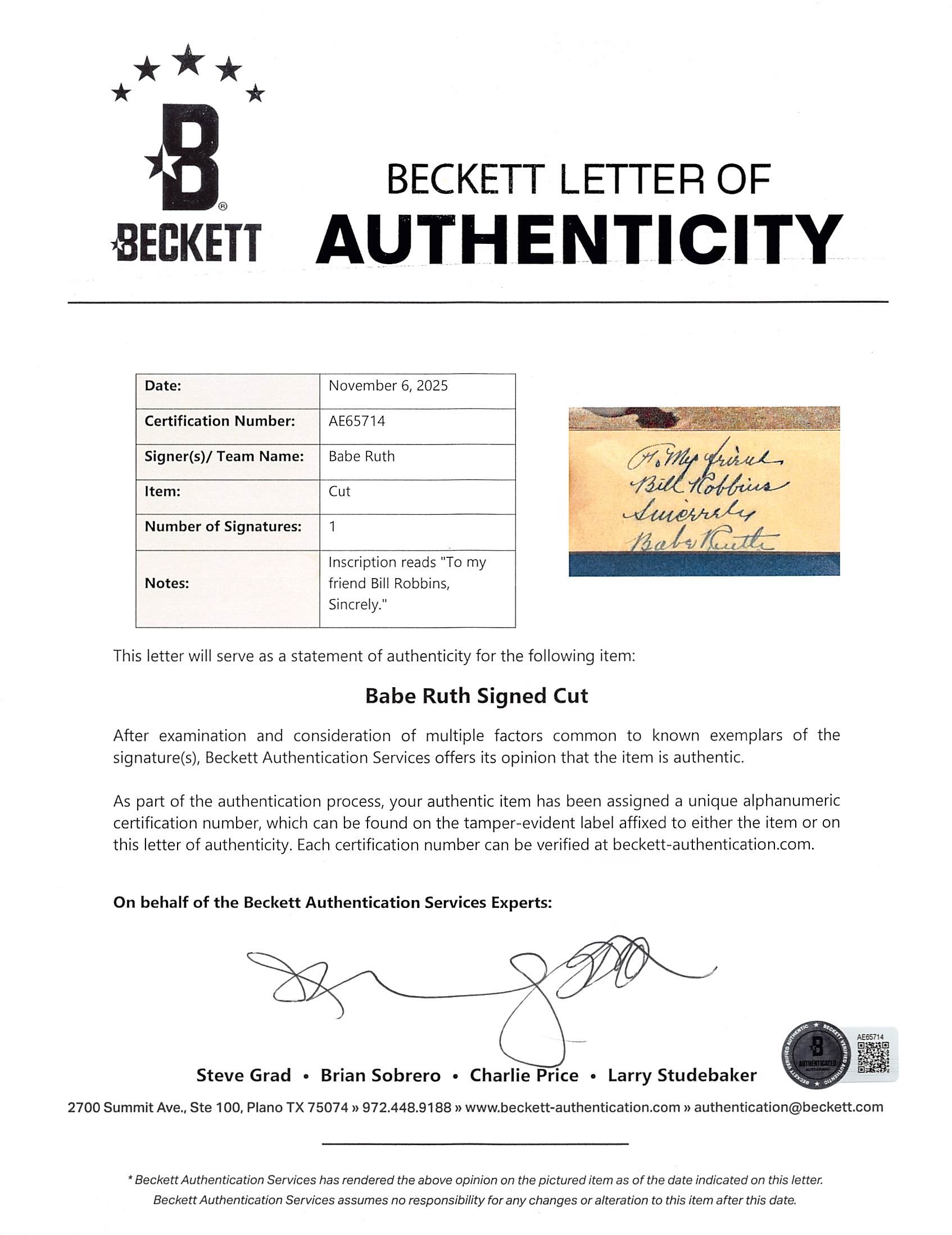 Yankees Babe Ruth "Sincerely" Signed & Framed 8x10.5 Magazine Page BAS #AE65714