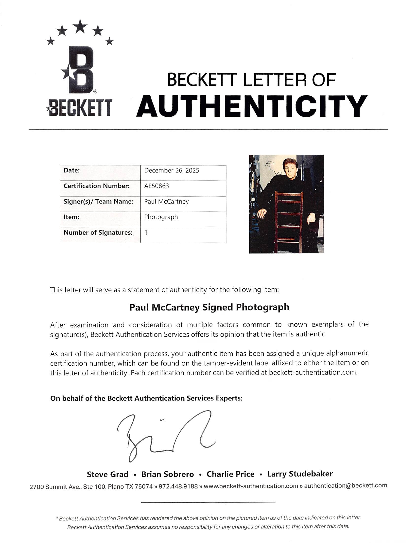 Paul McCartney The Beatles Authentic Signed 8x10 Vertical Photo BAS #AE50863