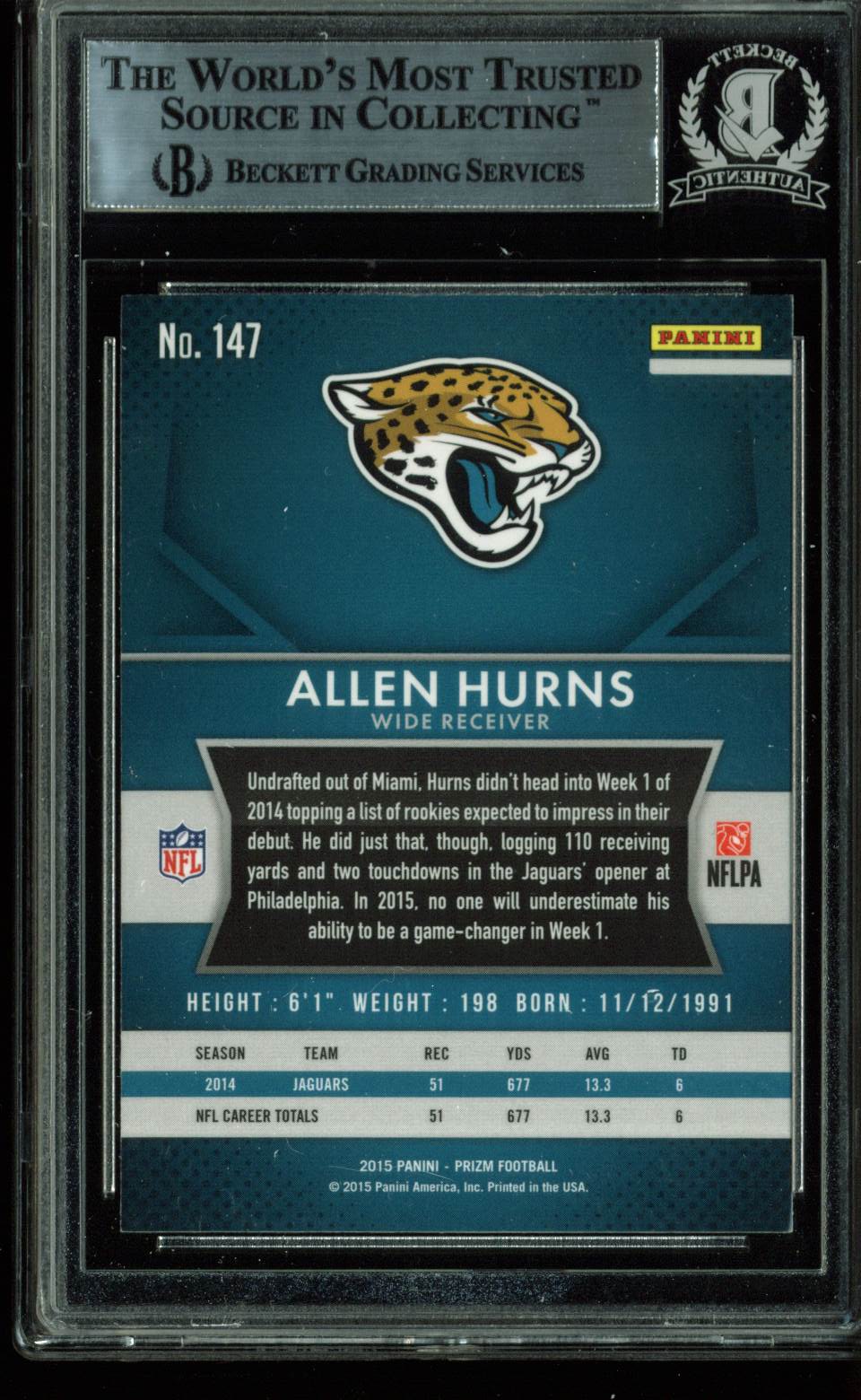 Jaguars Allen Hurns Authentic Signed Card 2015 Panini Prizm #147 BAS Slabbed