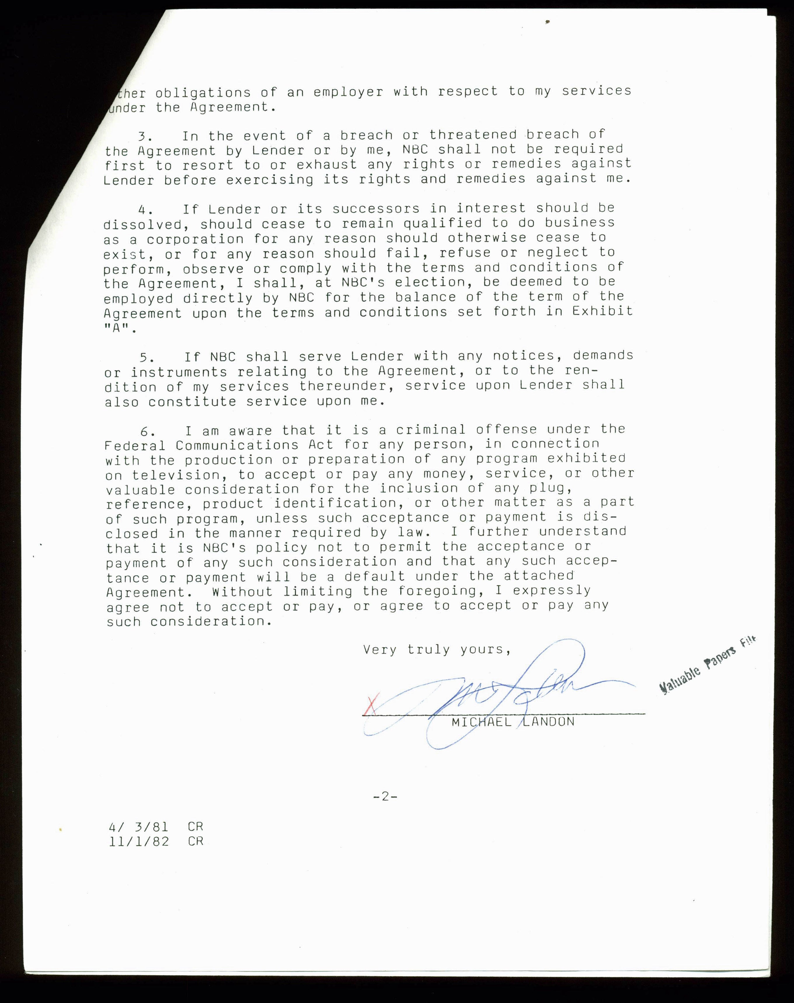 Michael Landon Bonanza Authentic Signed 1982 NBC Contract PSA/DNA #B61343