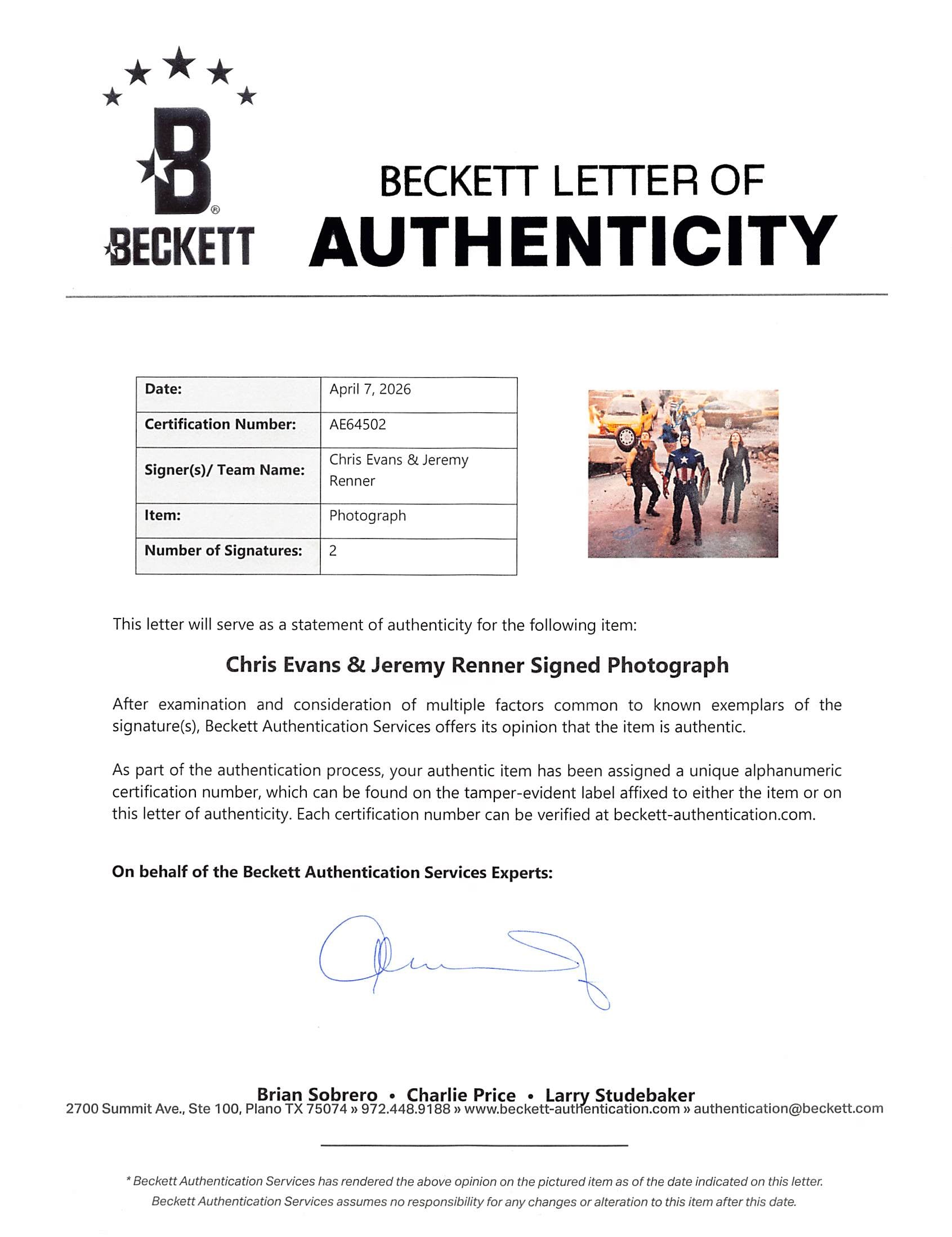 Chris Evans & Jeremy Renner Avengers Authentic Signed 16x20 Photo BAS #AE64502