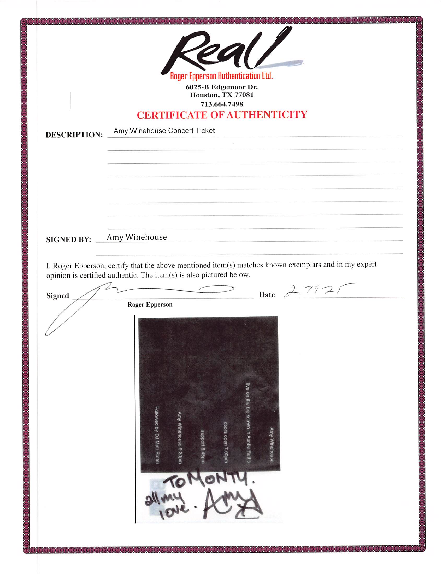 Amy Winehouse "All my love" Signed Black Bottom Club Concert Ticket JSA & BAS