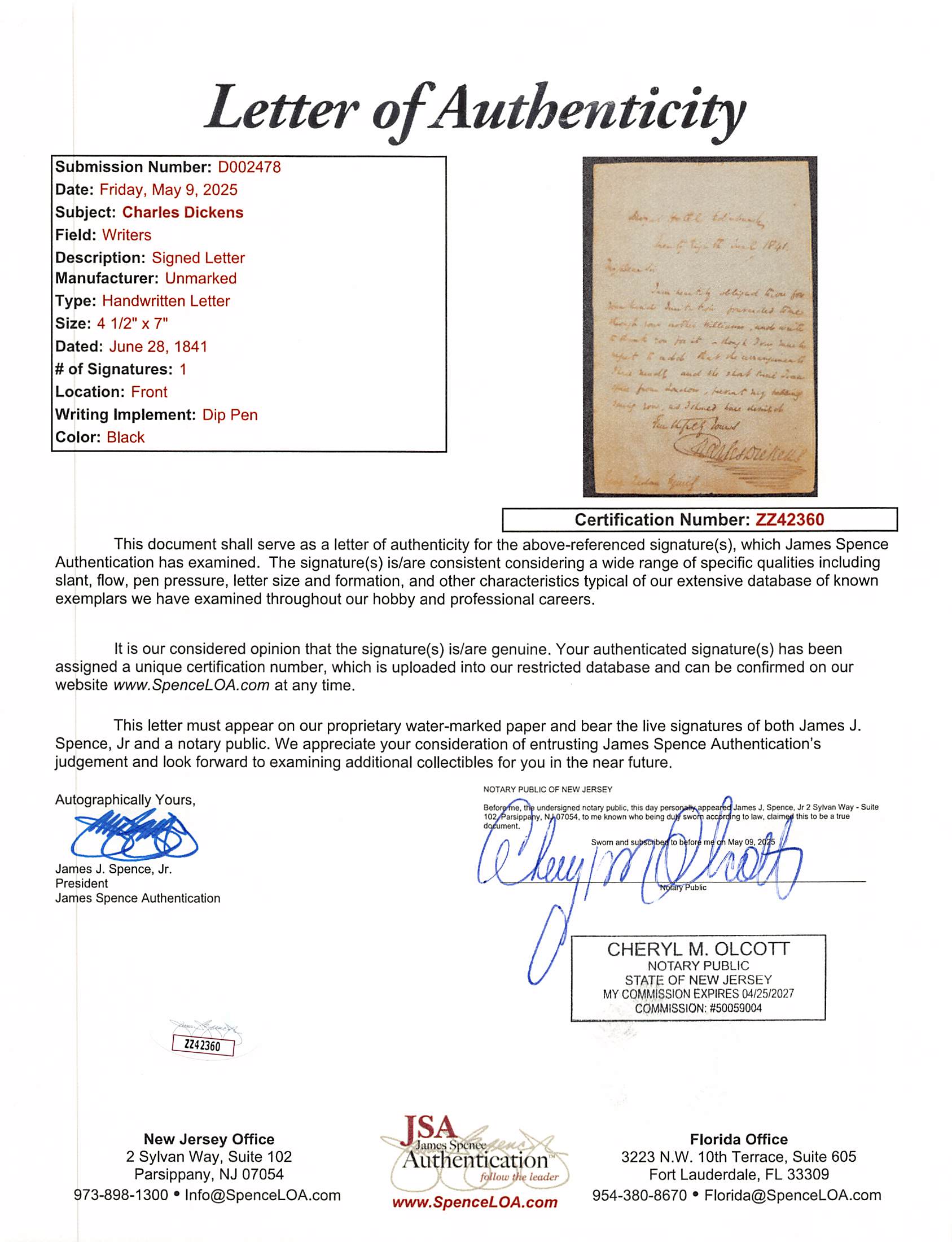 Charles Dickens Signed & Framed 4.5x7 1841 Handwritten Letter JSA #ZZ42360
