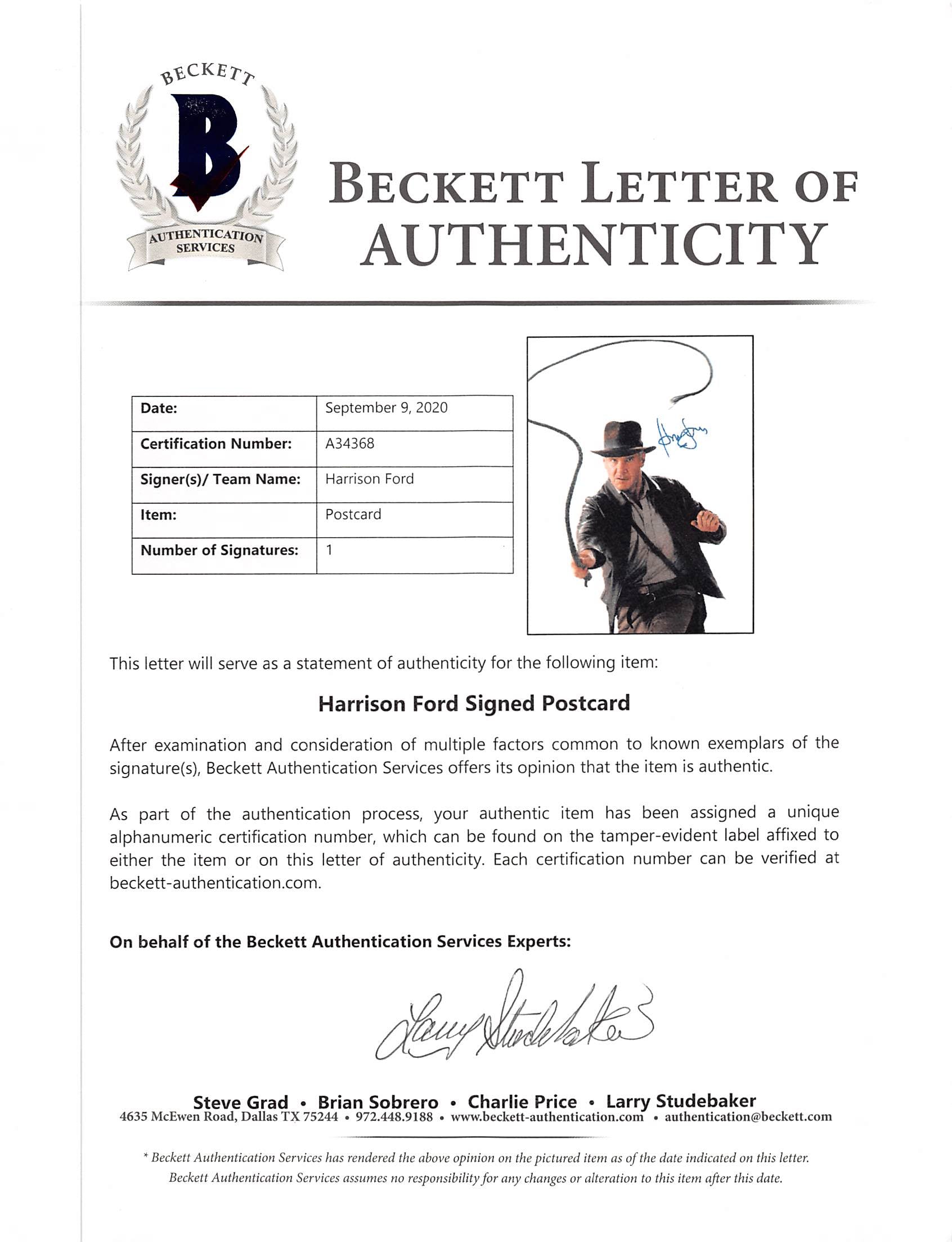 Harrison Ford Indiana Jones Authentic Signed 16x20 Photo BAS #A34368