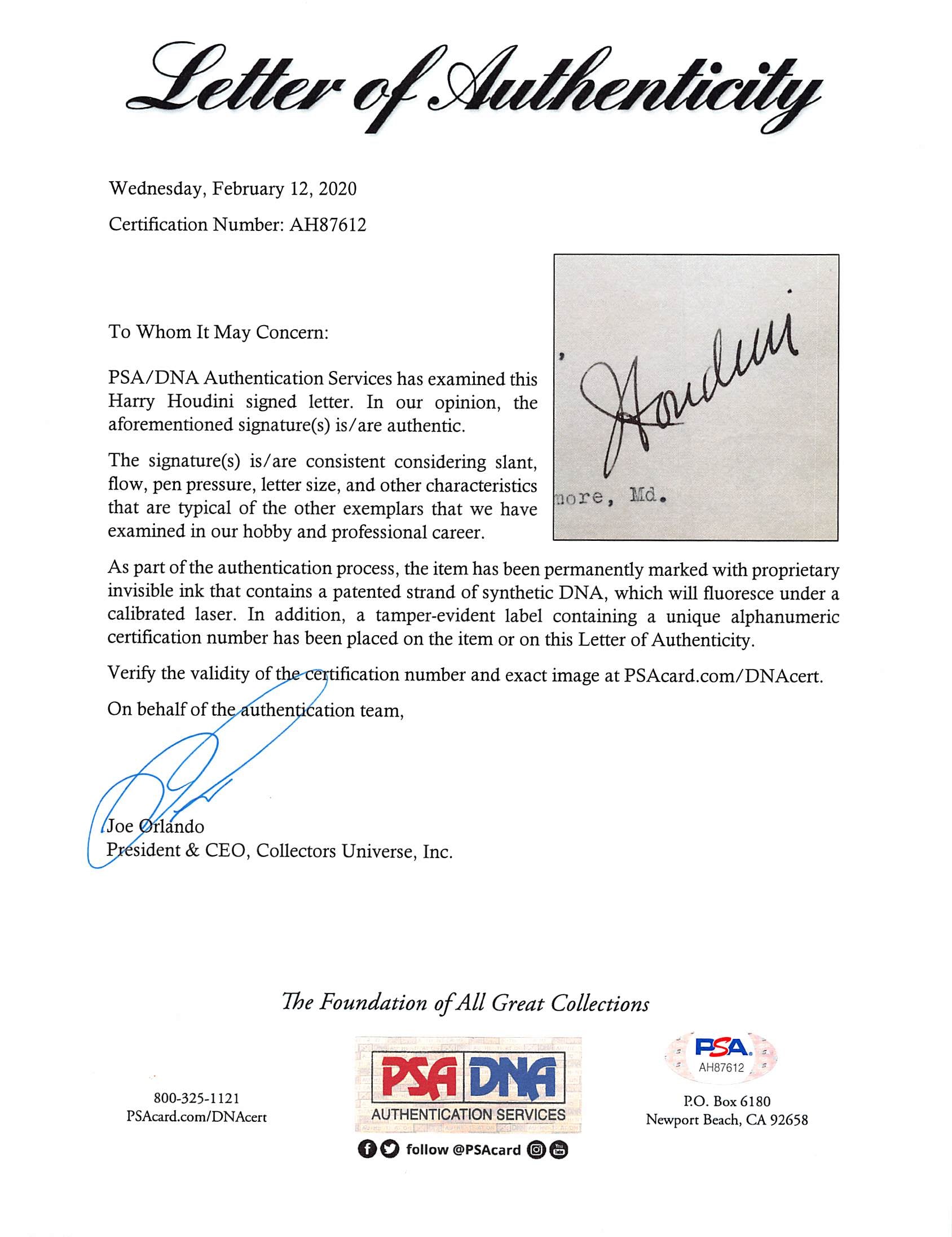 Harry Houdini Signed 8.5x11 Auto 1925 Letter Auto Mint 9! PSA/DNA & BAS Slabbed