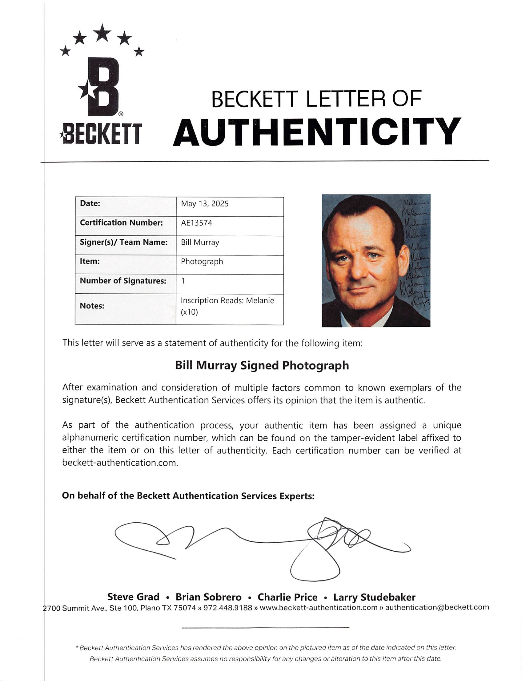 Bill Murray Mad Dog and Glory "Melanie" Authentic Signed 8x10 Photo BAS #AE13574