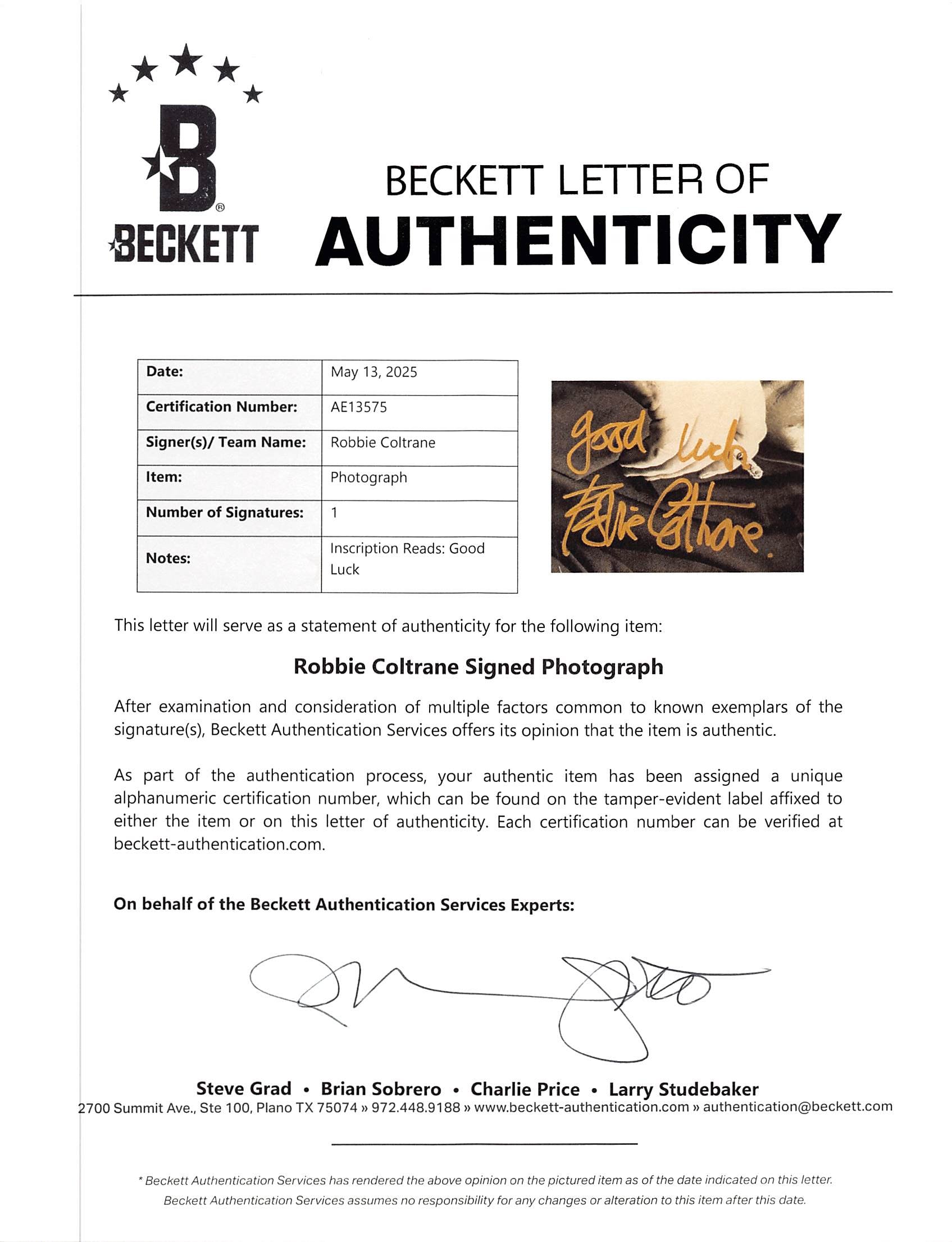 Robbie Coltrane Harry Potter "Good Luck" Signed 8x10 Photo BAS #AE13575