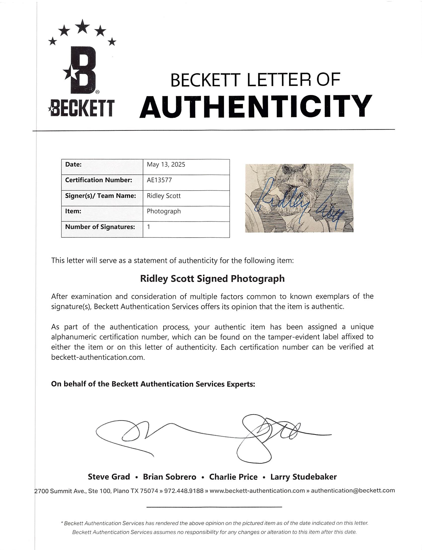 Ridley Scott Gladiator Authentic Signed 8x10 Photo Autographed BAS #AE13577