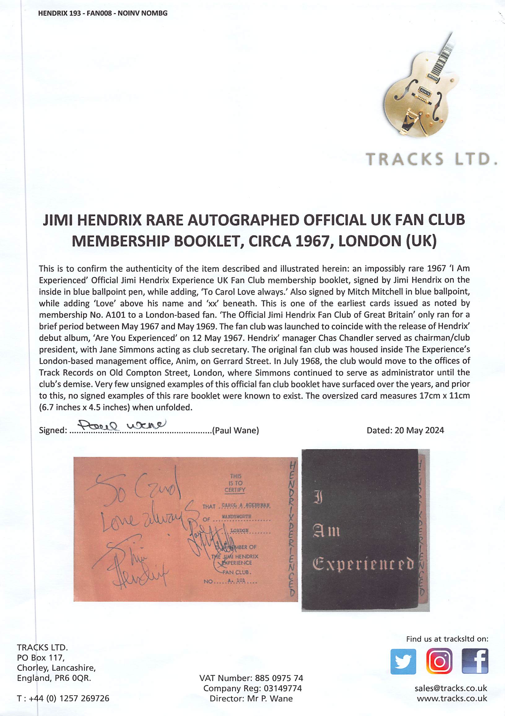 Jimi Hendrix "Love Always" Signed 1967 4.5x6.7 UK Fan Club Booklet BAS #AD85591