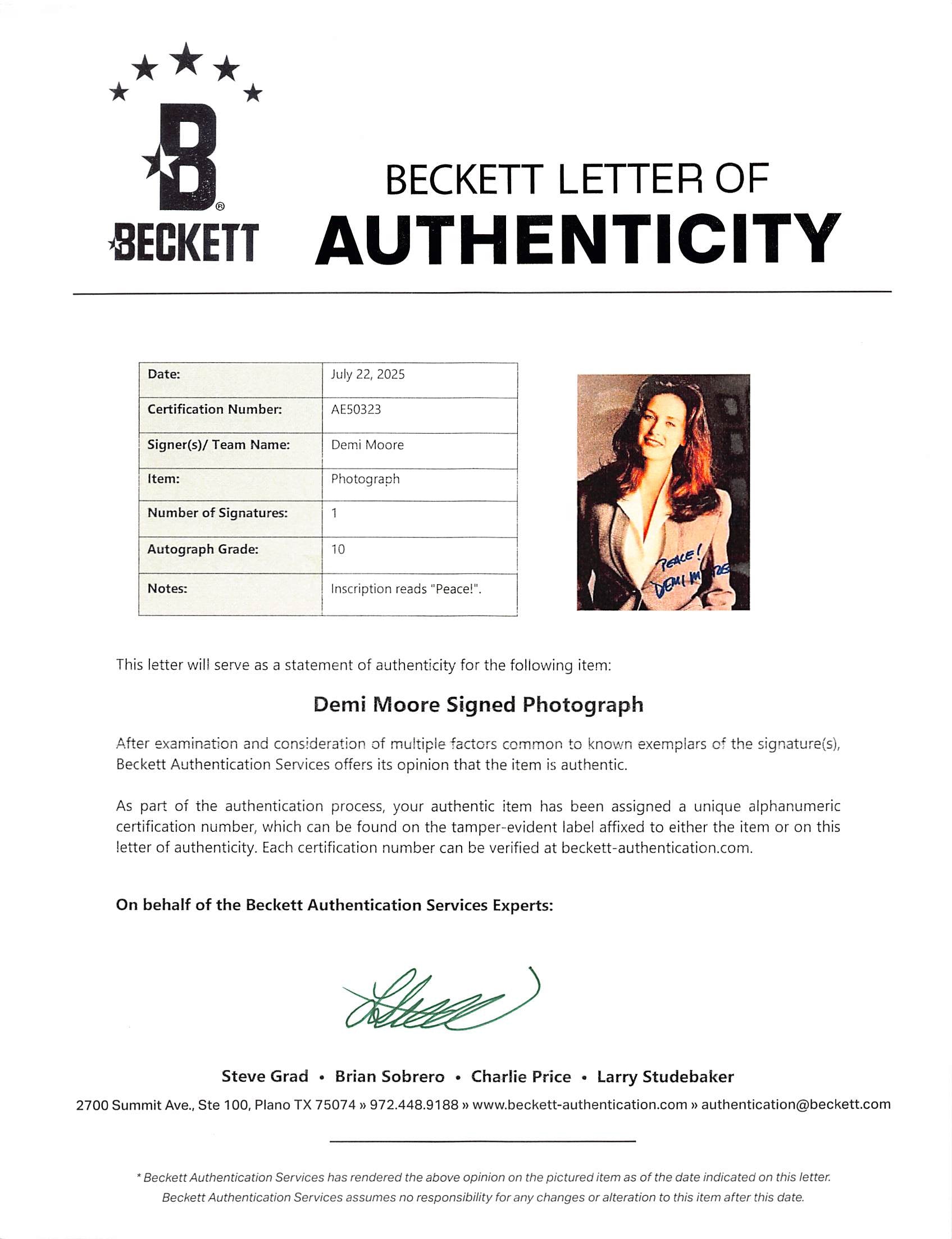 Demi Moore A Few Good Men "Peace!" Signed 8x10 Photo Auto Grade 10! BAS #AE50323