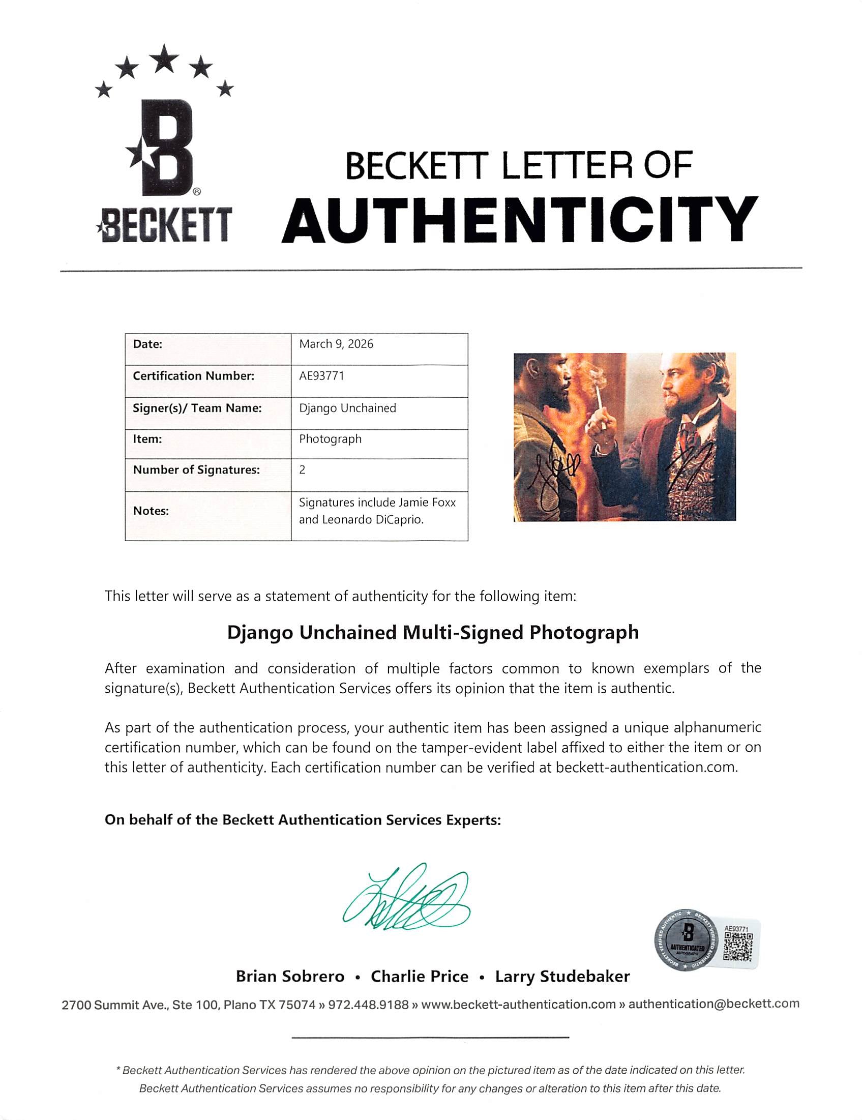 Leonard DiCaprio & Jamie Foxx Django Unchained Signed 11x14 Photo BAS #AE93771