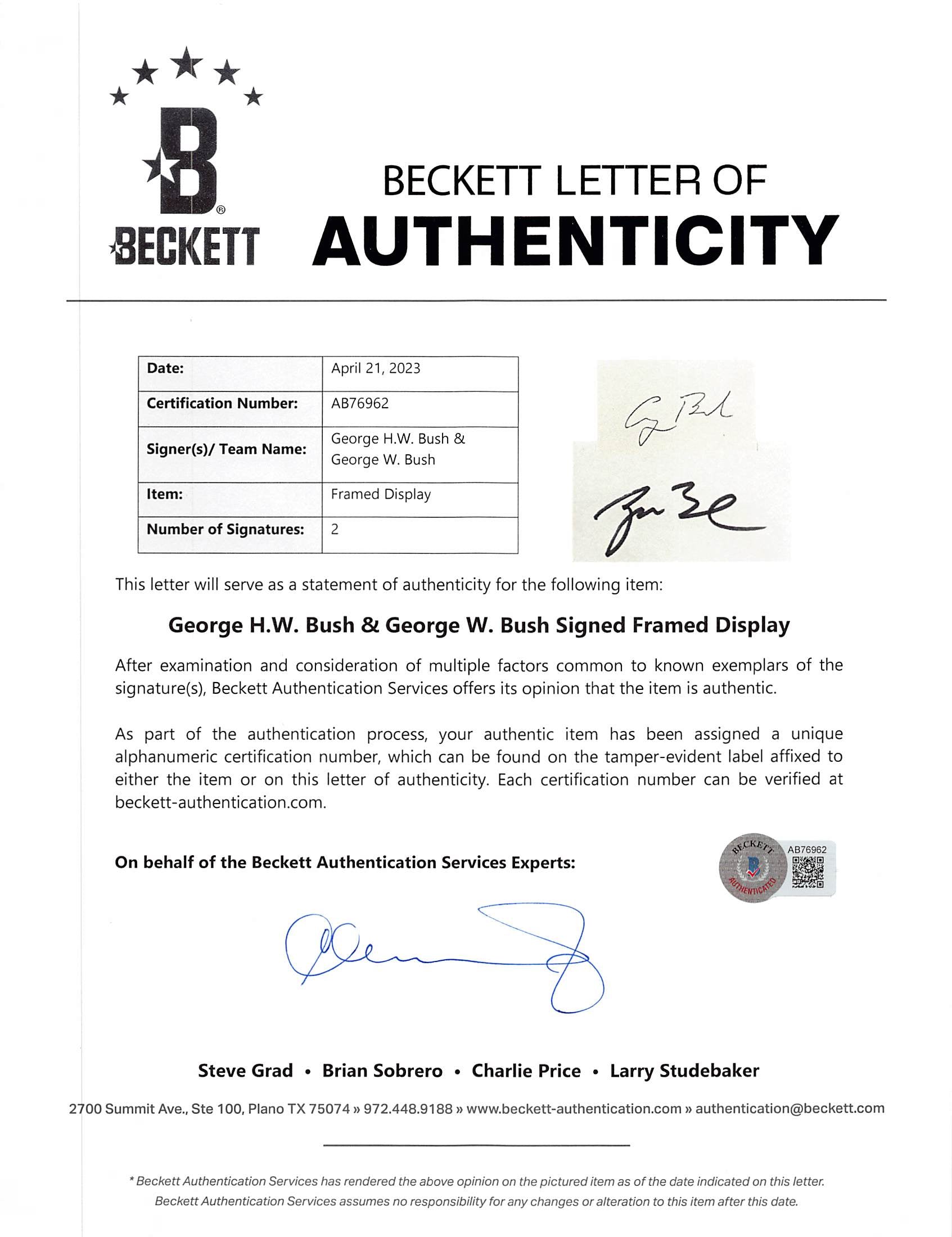 George H.W. Bush & George W. Bush Authentic Signed Framed Display BAS #AB76962