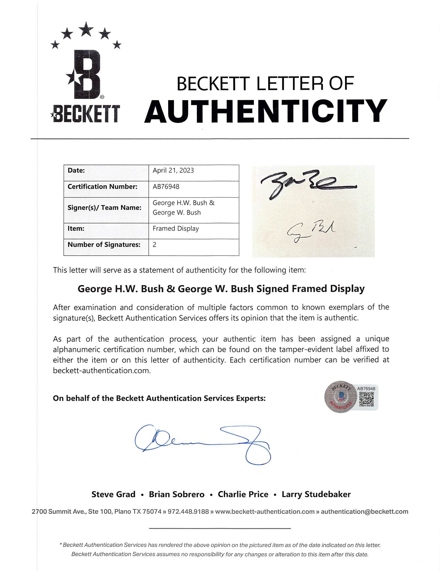 George H.W. Bush & George W. Bush Authentic Signed Framed Display BAS #AB76948