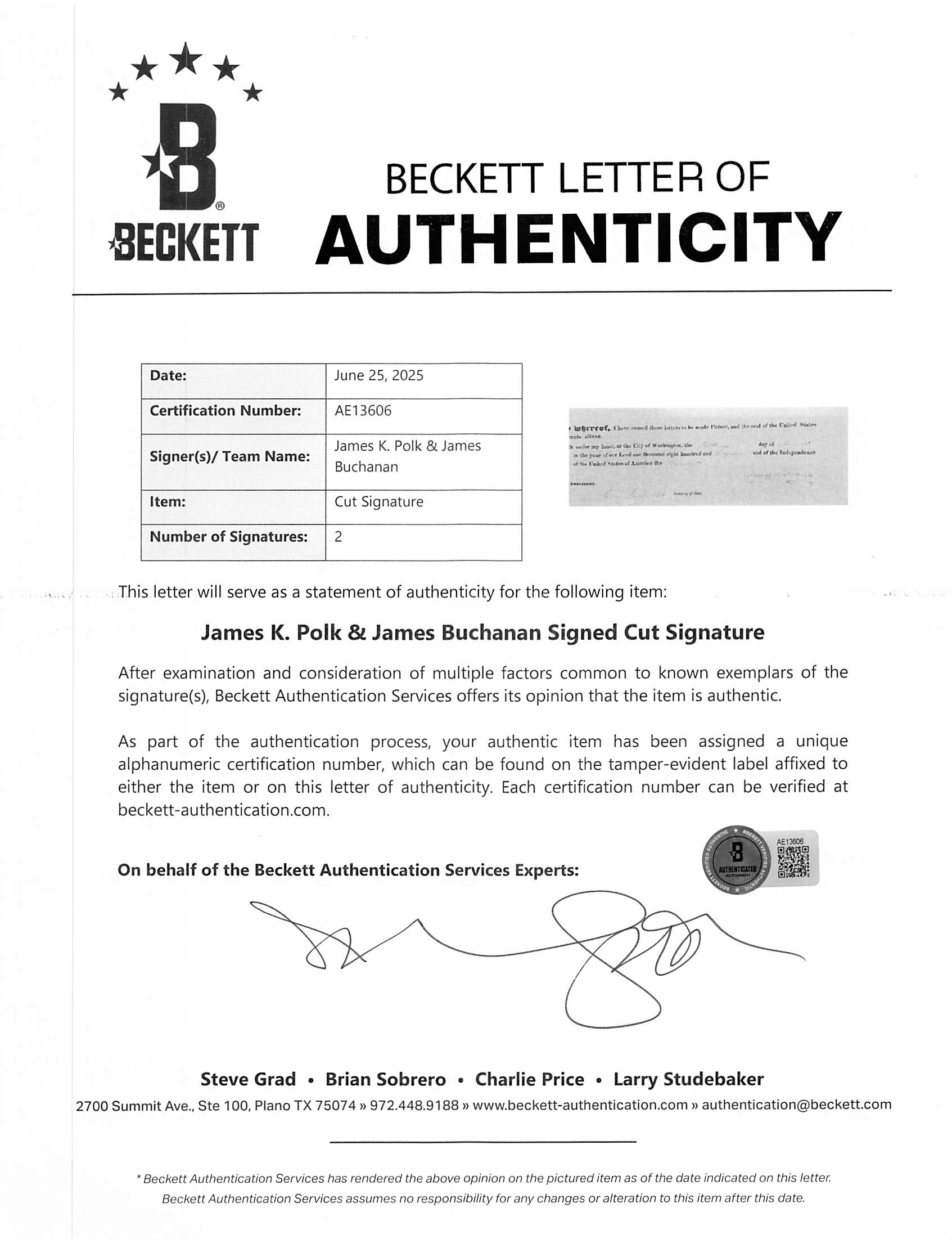 James K. Polk & James Buchanan Signed & Framed 12x17 Appointment Document BAS