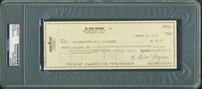Ben Hogan Golf Authentic Signed 3X8.25 March 13, 1995 Check PSA/DNA Slabbed