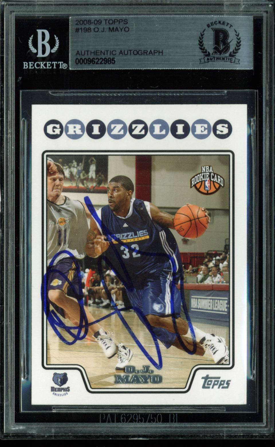 Grizzlies O.J. Mayo Authentic Signed Card 2008 Topps RC #198 BAS Slabbed
