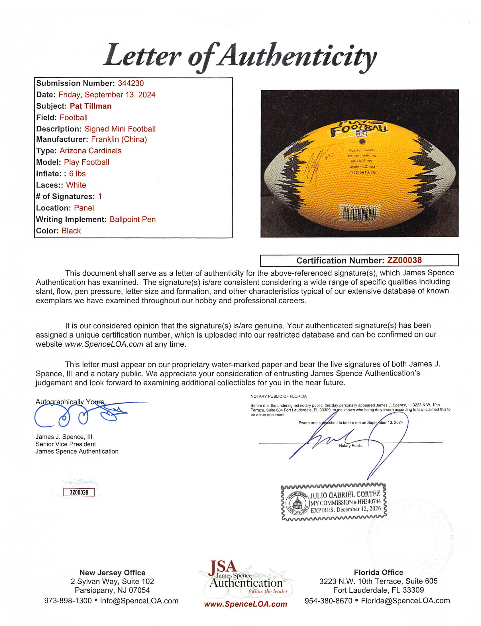 Cardinals Pat Tillman Signed 2x2 Cut Sig Framed Jersey Display JSA #ZZ00038
