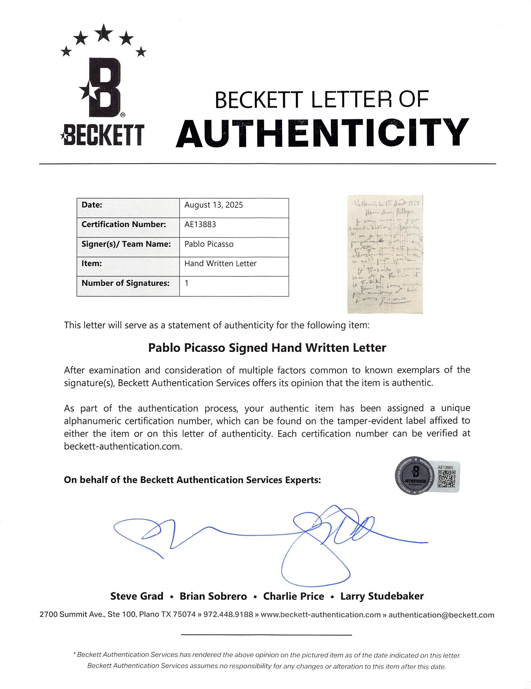Pablo Picasso Authentic Signed 5.25x8.25 1953 Handwritten Letter BAS #AE13883