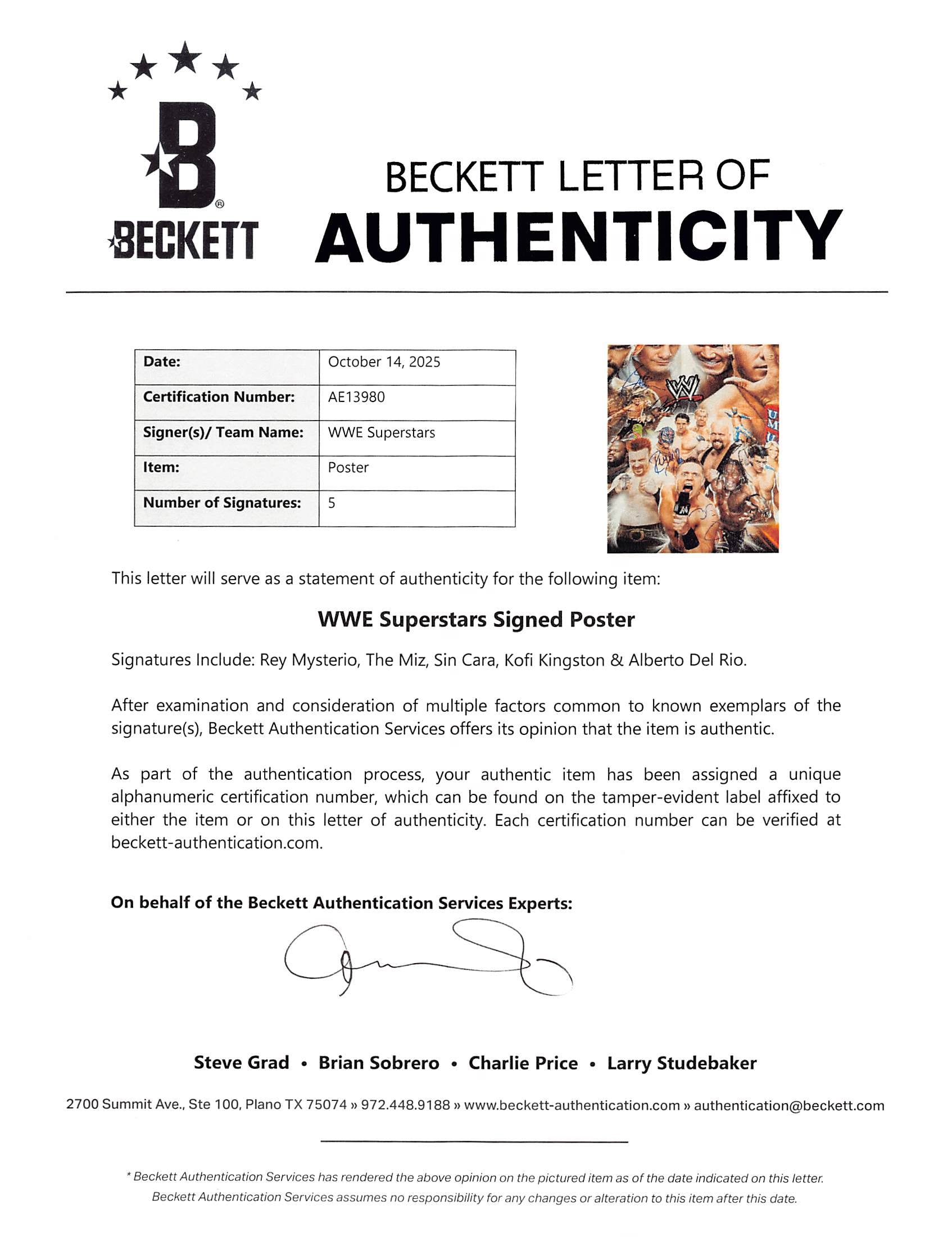 WWE Superstars (5) Mysterio, Miz, Cara, +2  Signed 17x25 Poster BAS #AE13980