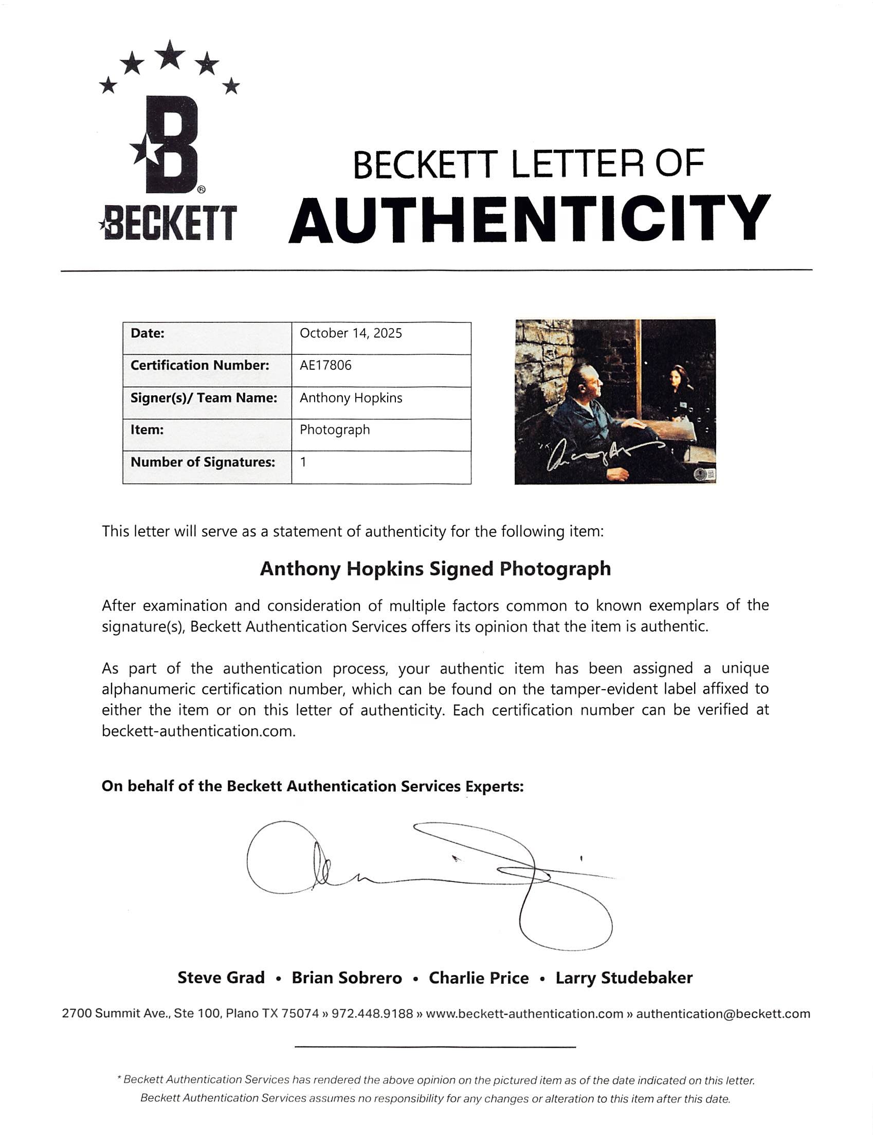 Anthony Hopkins The Silence of the Lambs Signed 8x10 Photo BAS #AE17806