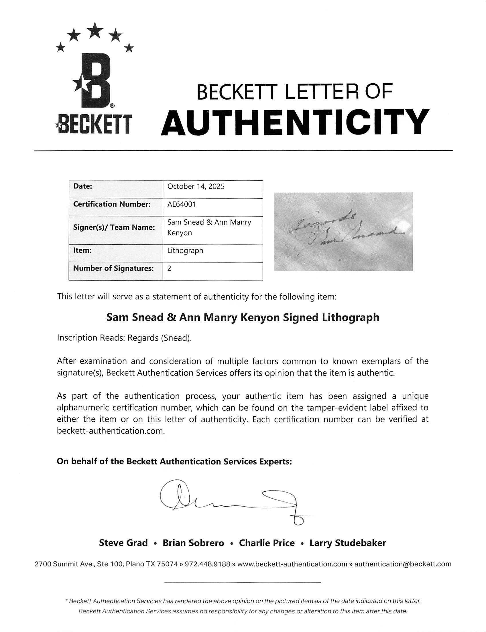 Sam Snead & Ann Manry Kenyon Authentic Signed 18x22 Lithograph BAS #AE64001