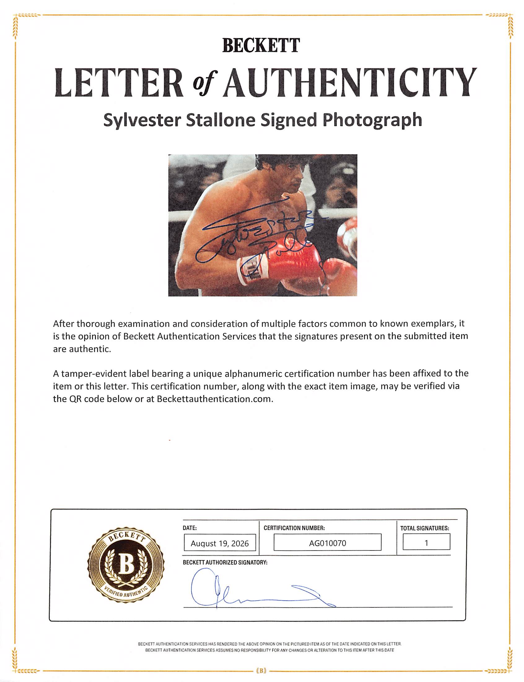 Sylvester Stallone Rocky IV Authentic Signed 16x20 Horizontal Photo BAS
