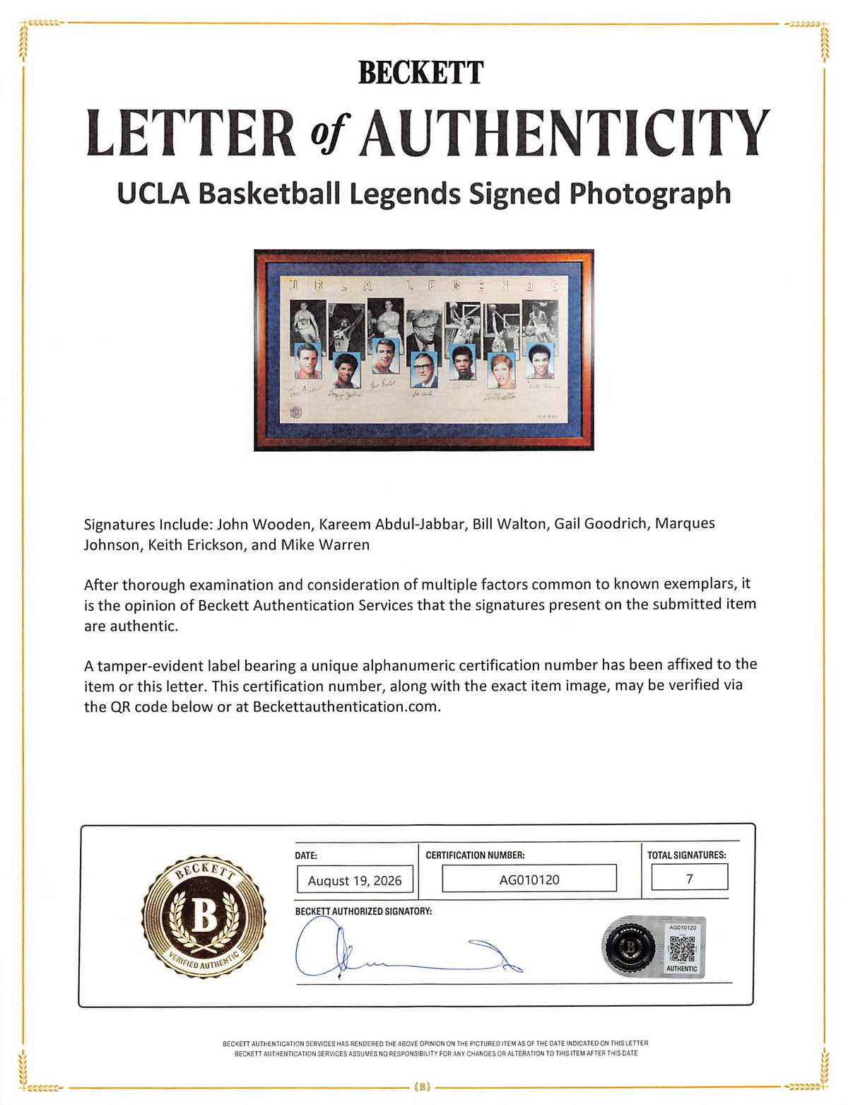 UCLA (7) Wooden, Abdul-Jabbar, Walton, Goodrich Signed Framed 18x36 Photo BAS