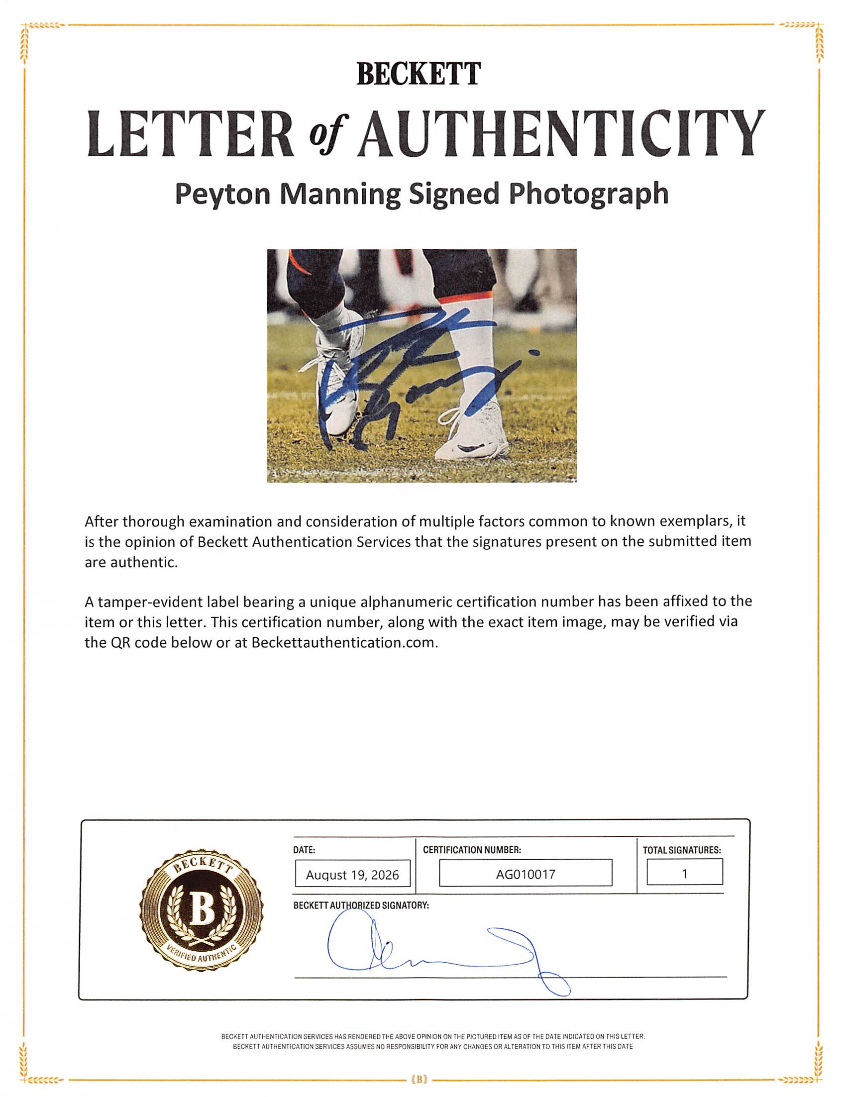 Broncos Peyton Manning Authentic Signed 8x10 Photo Autographed BAS #AG010017