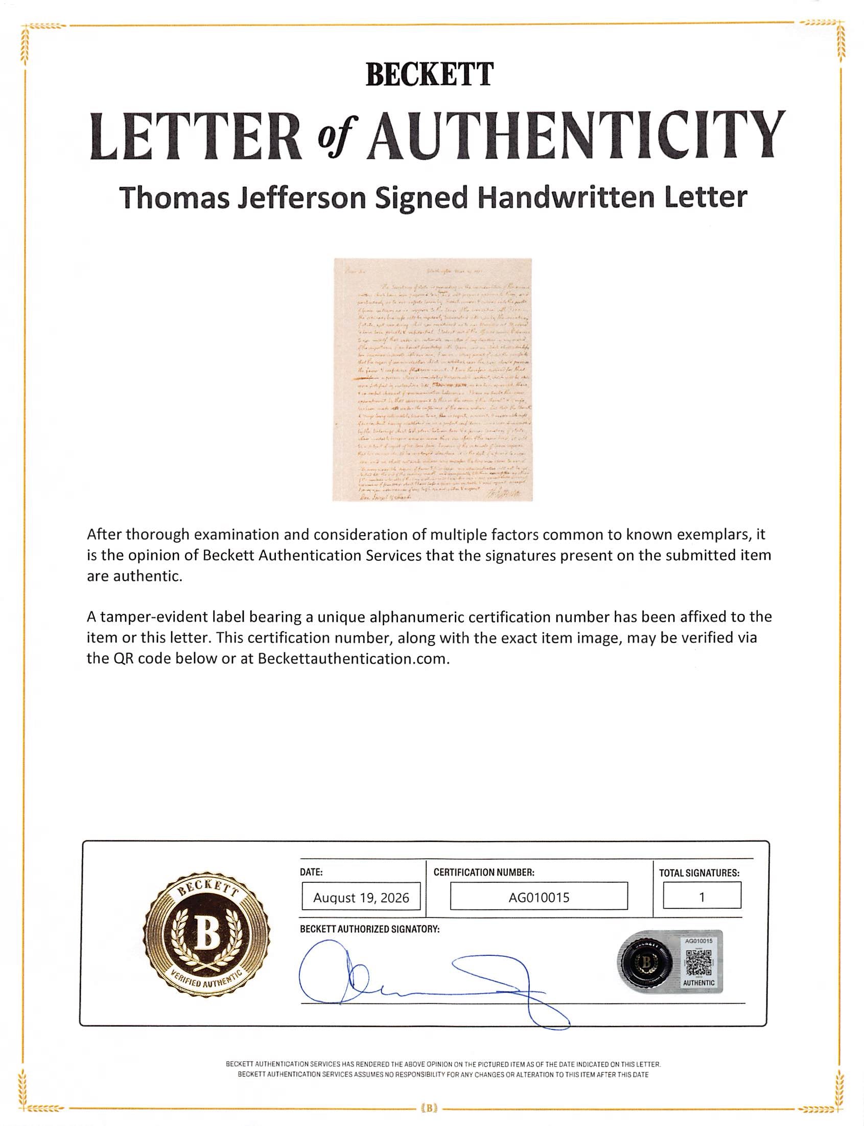 Thomas Jefferson Authentic Signed 8.25x10 1783 Handwritten Letter BAS #AG010015