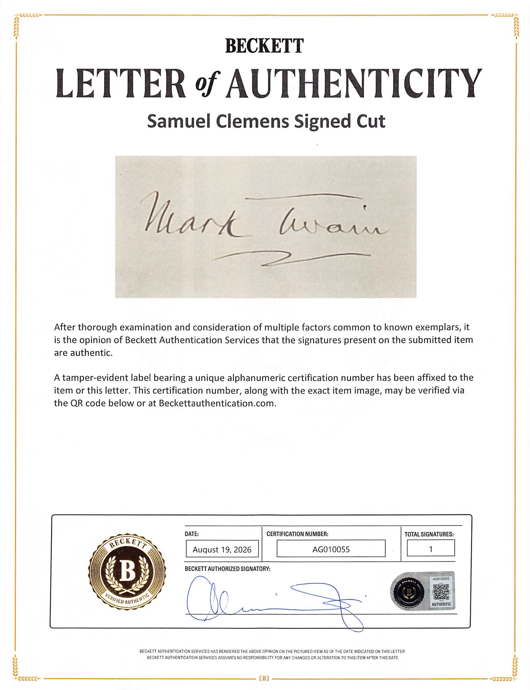 Samuel Clemens Mark Twain Authentic Signed 1.5x3 Cut Signature BAS #AG010055