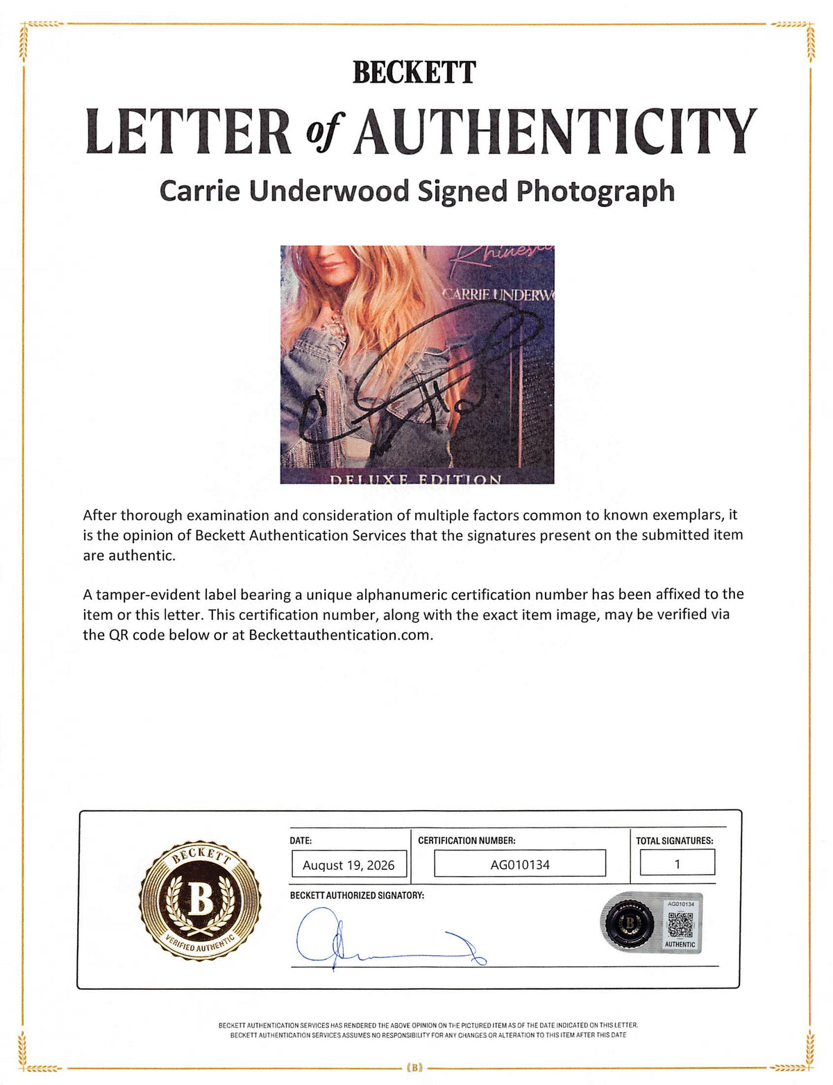 Carrie Underwood Signed & Framed Denim & Rhinestones Cd Insert BAS #AG010134