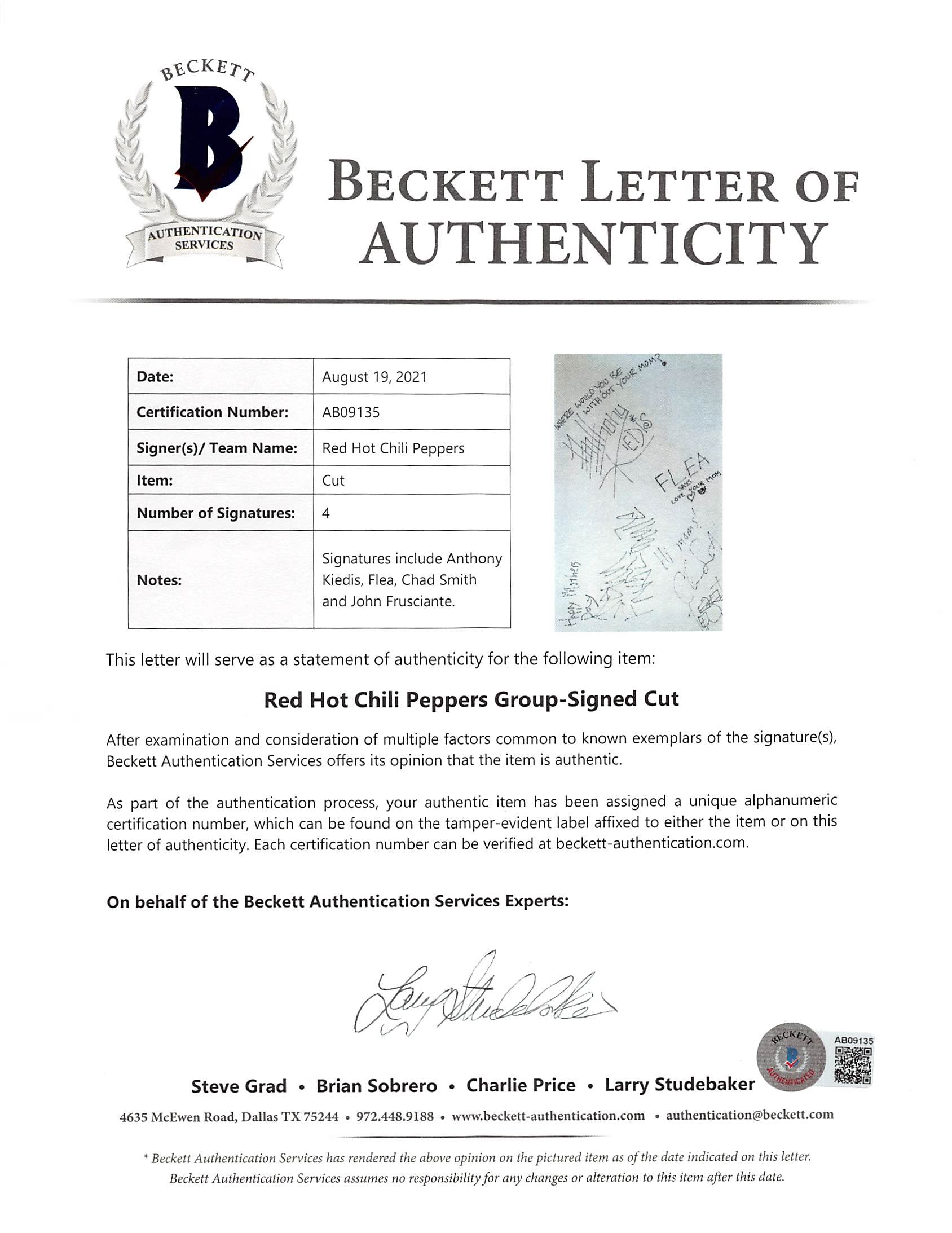 RHCP (4) Kiedis, Flea, Smith, & Frusciante Signed & Framed 8.5x14 Cut BAS LOA