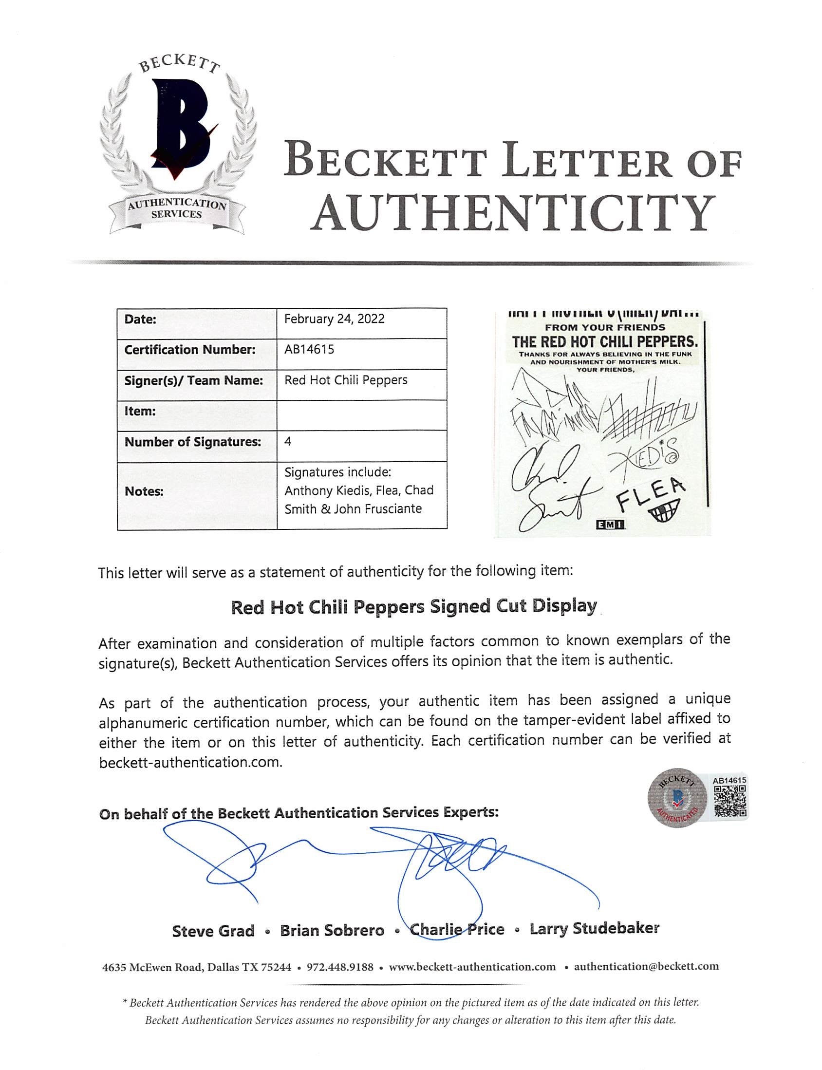 RHCP (4) Kiedis, Flea, +2  Signed 15x20 Mothers Milk Album Mechanical Layout BAS