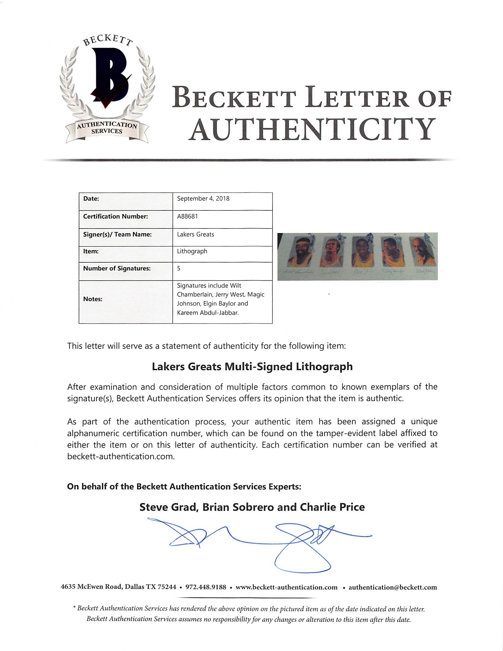 Lakers Legends (5) Chamberlain Jabbar Johnson Signed & Framed 22x39 Litho BAS 1