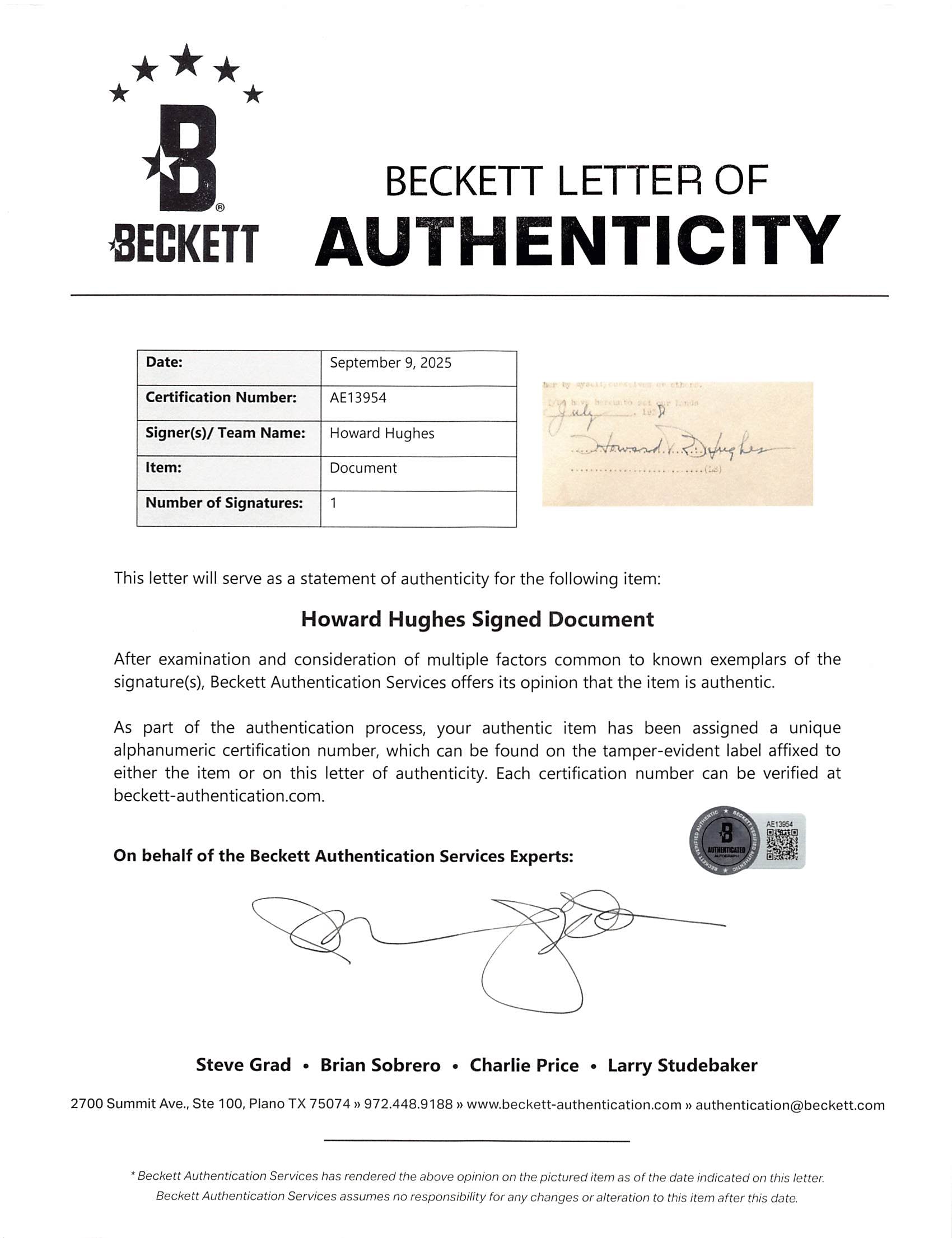 Howard Hughes Signed 8.5x11 NYC Liability Waiver Contract BAS #AE13954