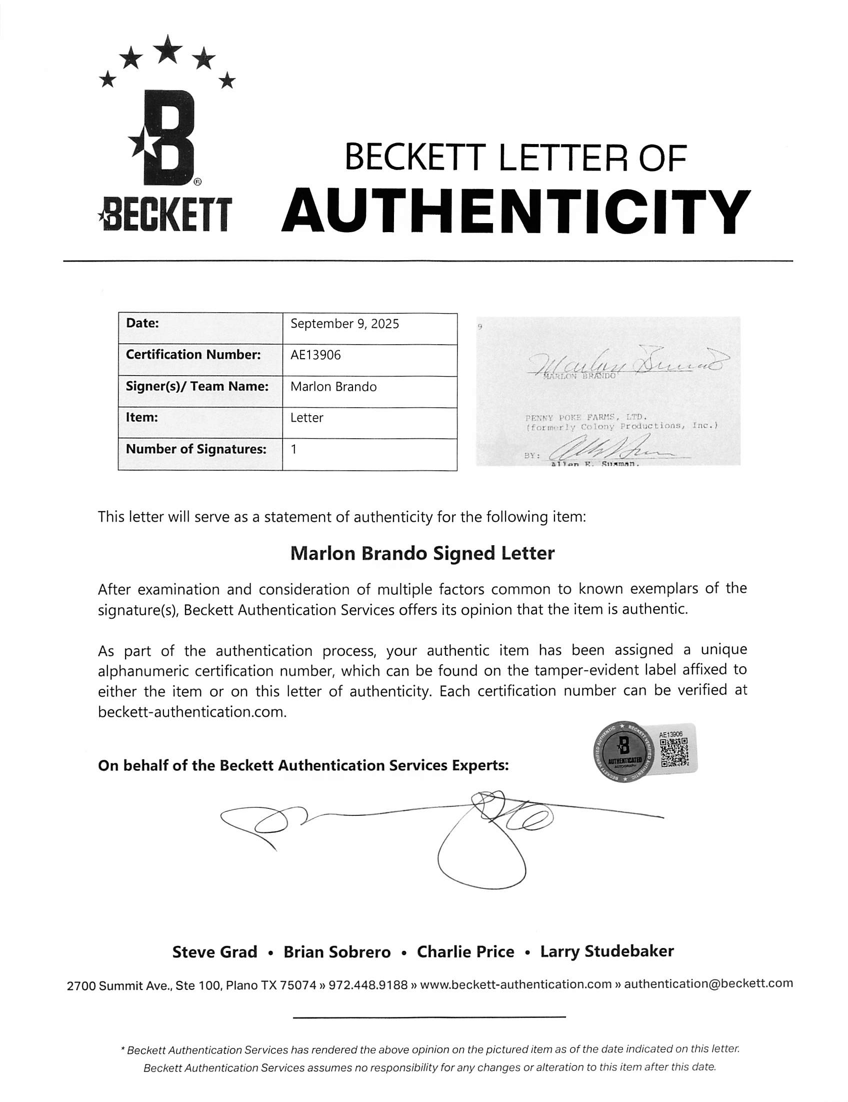 Marlon Brando Authentic Signed 8.5x11 Apocalypse Now Contract BAS #AE13906
